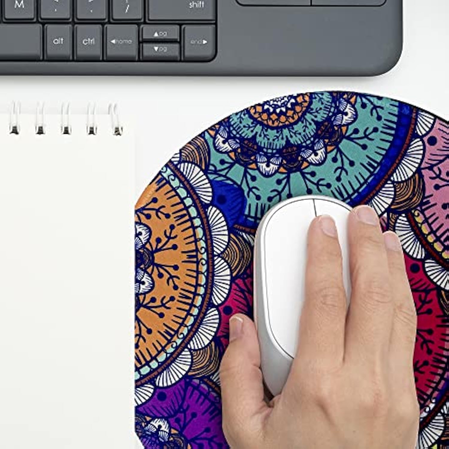Round Mandala Colorful Design Mouse Pad - 9" Diameter, 3Mm Thick Non-Slip Rubber Base, Stitched Edge - Computer Gaming Desk Accessories For Home Office