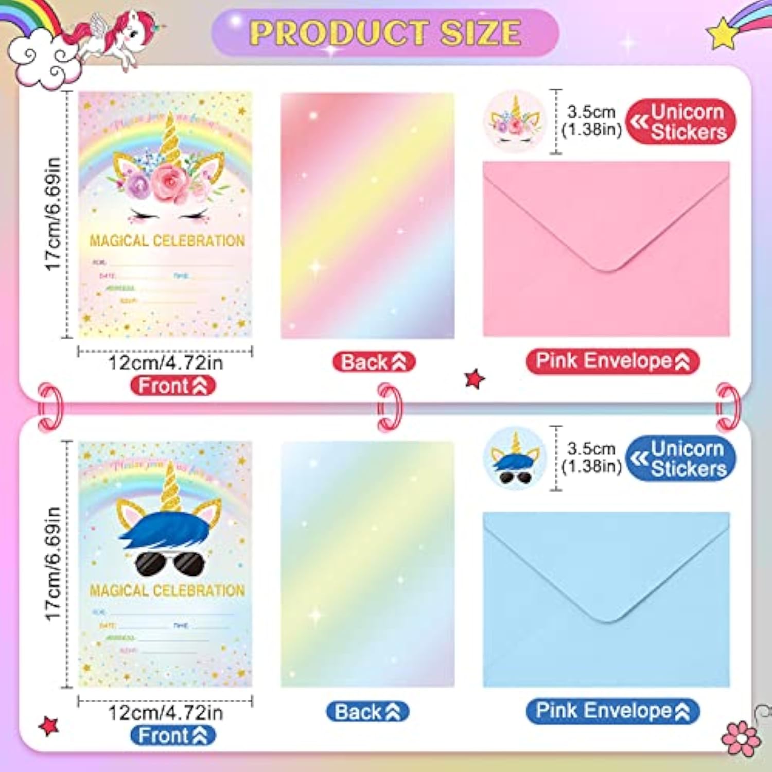 24 Set Unicorn Party Invitation With Envelope And Sticker Rainbow Party Supplies For Girls Boys Fill In The Blank Invites For Kids Birthday Baby Shower Decoration(Girls Unicorn, Boys Unicorn)