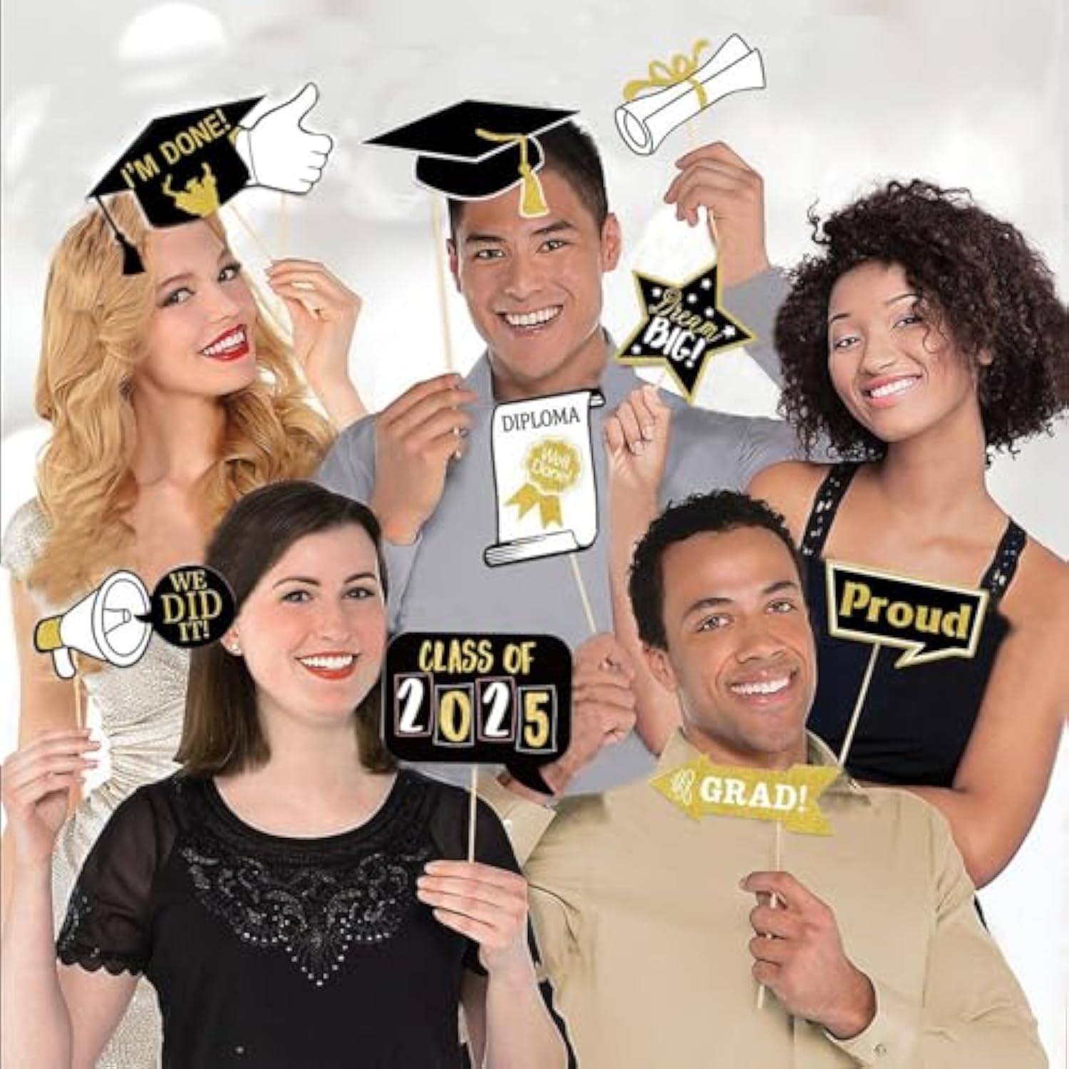 25Pcs Graduation Photo Booth Props Class Of 2025 Grad Photo Props Black And Gold Graduation Decorations For Grad Party Favors Supplies