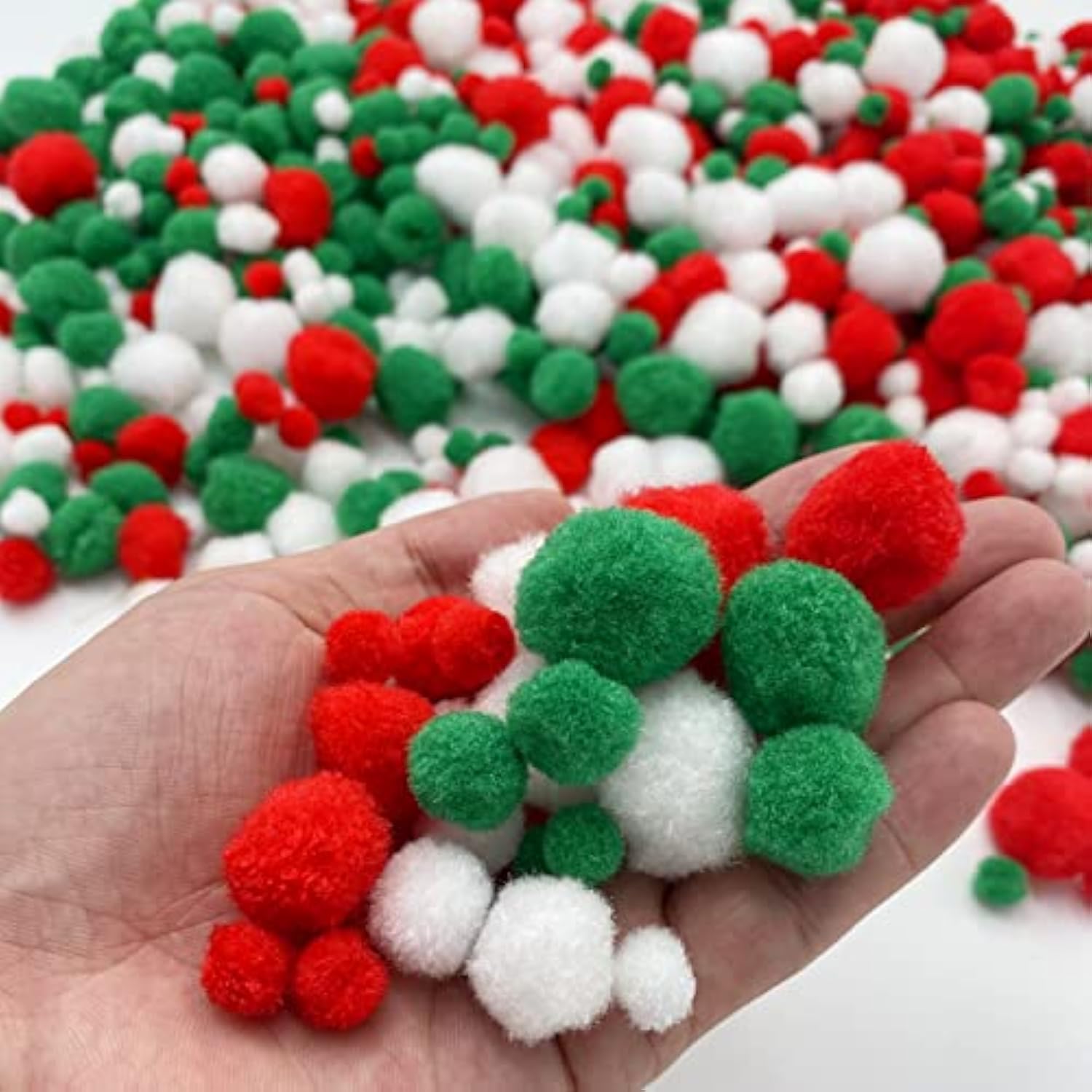 1200 Pieces Christmas Pom Pom Fluffy Pom Poms Mini Pom Balls For Craft Making And Christmas Decorations (4 Sizes, White, Green, Red)