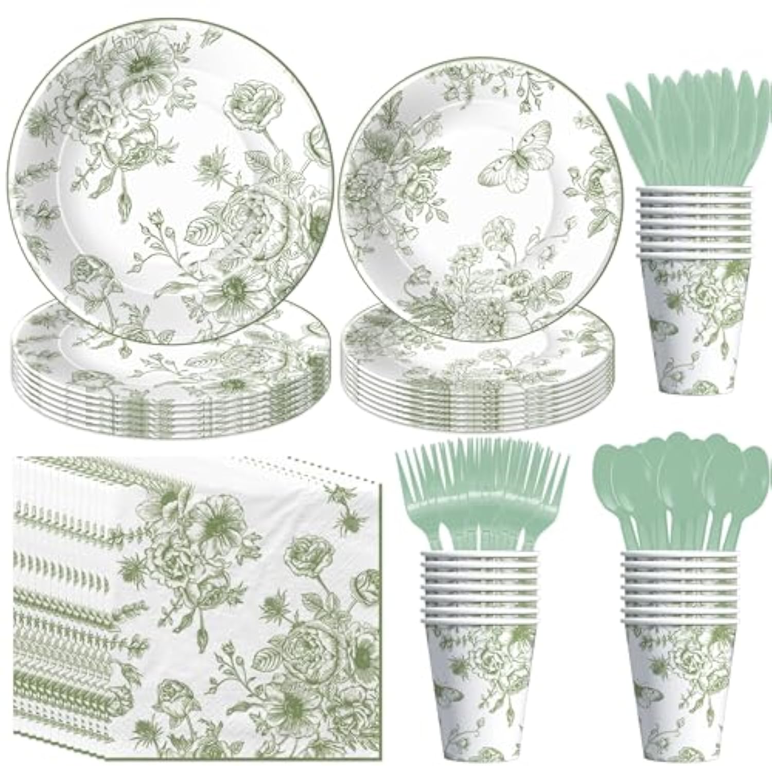 Sage Green Floral Paper Plates And Napkins Decorations, Elegant Green White Toile Chinoiserie Flower Party Supplies, Plate, Napkin, Cup, Cutlery, For Birthday Baby Bridal Shower Wedding, 24 Set