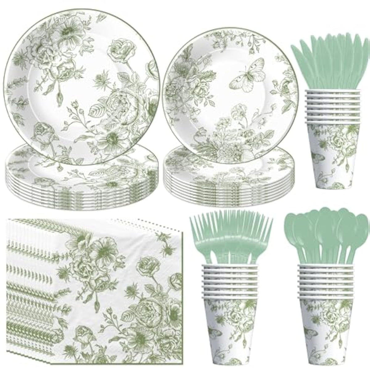 Sage Green Floral Paper Plates And Napkins Decorations, Elegant Green White Toile Chinoiserie Flower Party Supplies, Plate, Napkin, Cup, Cutlery, For Birthday Baby Bridal Shower Wedding, 24 Set