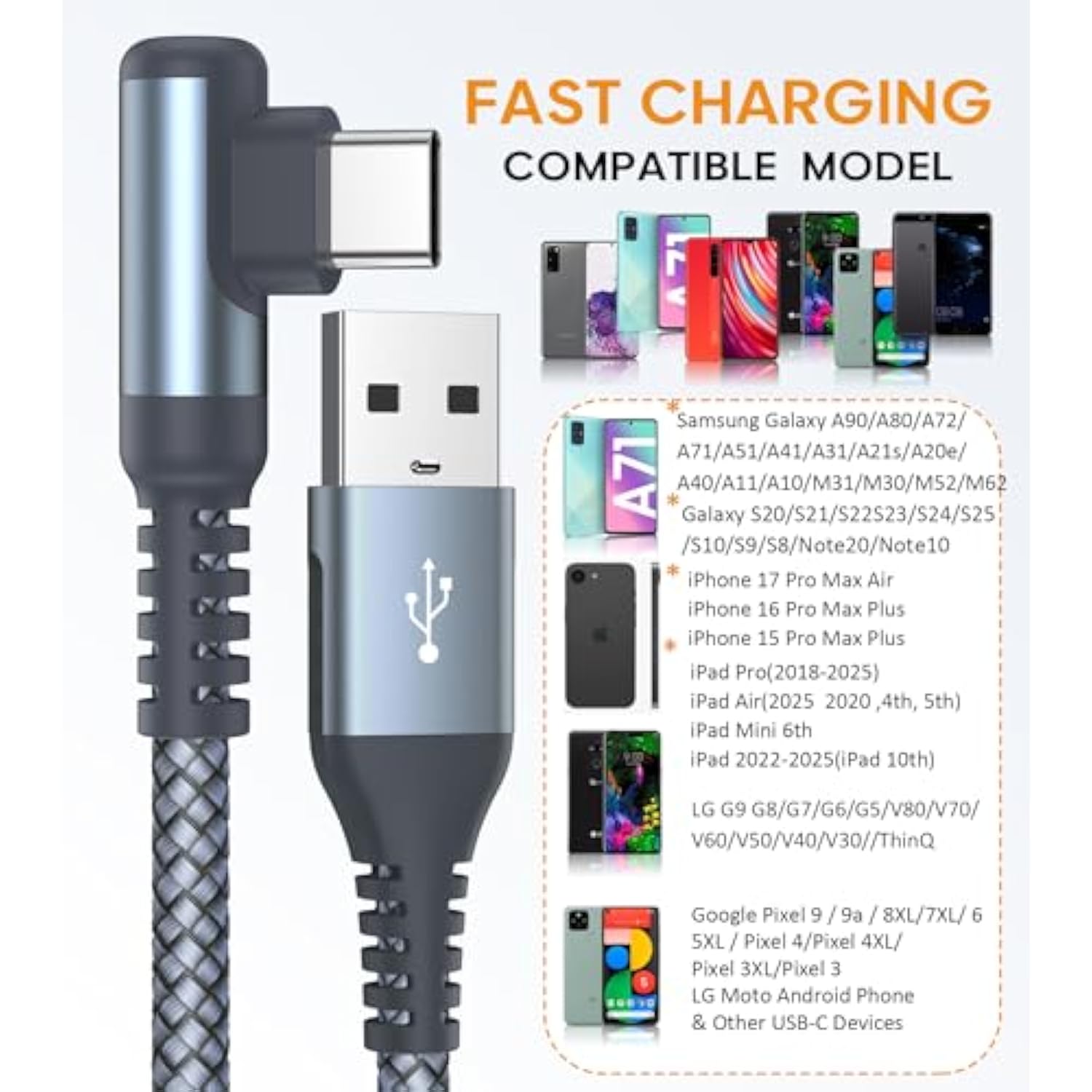 Usb C Cable Right Angle [2-Pack, 6.6Ft+6.6Ft], Usb Type C Charger Fast Chargin