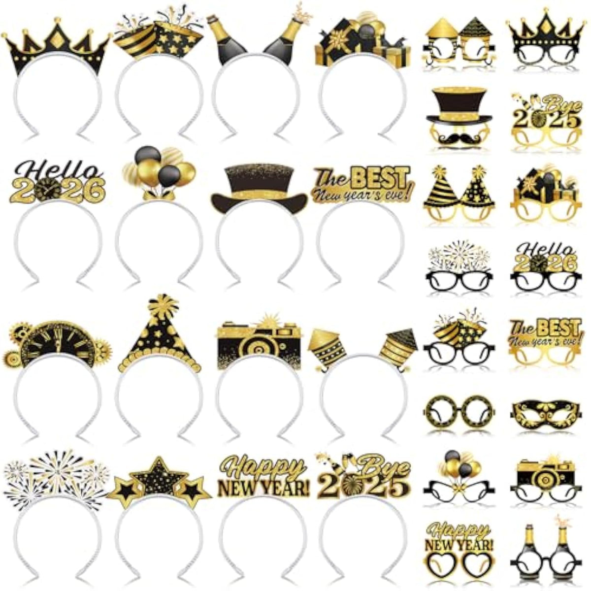 32pcs New Year 2026 Party Props with 16 Glasses & 16 Headbands Black Gold