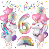 18pcs Unicorn 6th Birthday Decorations with Rainbow Balloons, Stars & Hearts for Girls