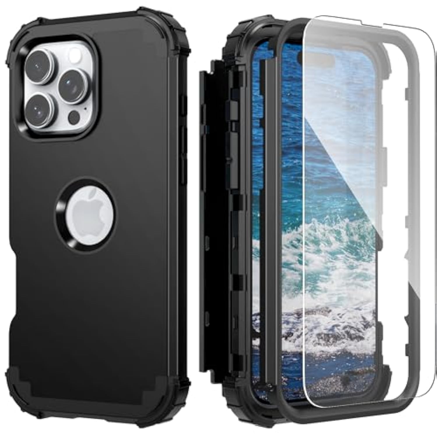 For Iphone 16 Pro Max Case With Screen Protector, 3 In 1 Shockproof Slim Fit Hybrid Heavy Duty Hard Pc Cover Soft Silicone Bumper Full Body Anti-Fingerprint Case, Black