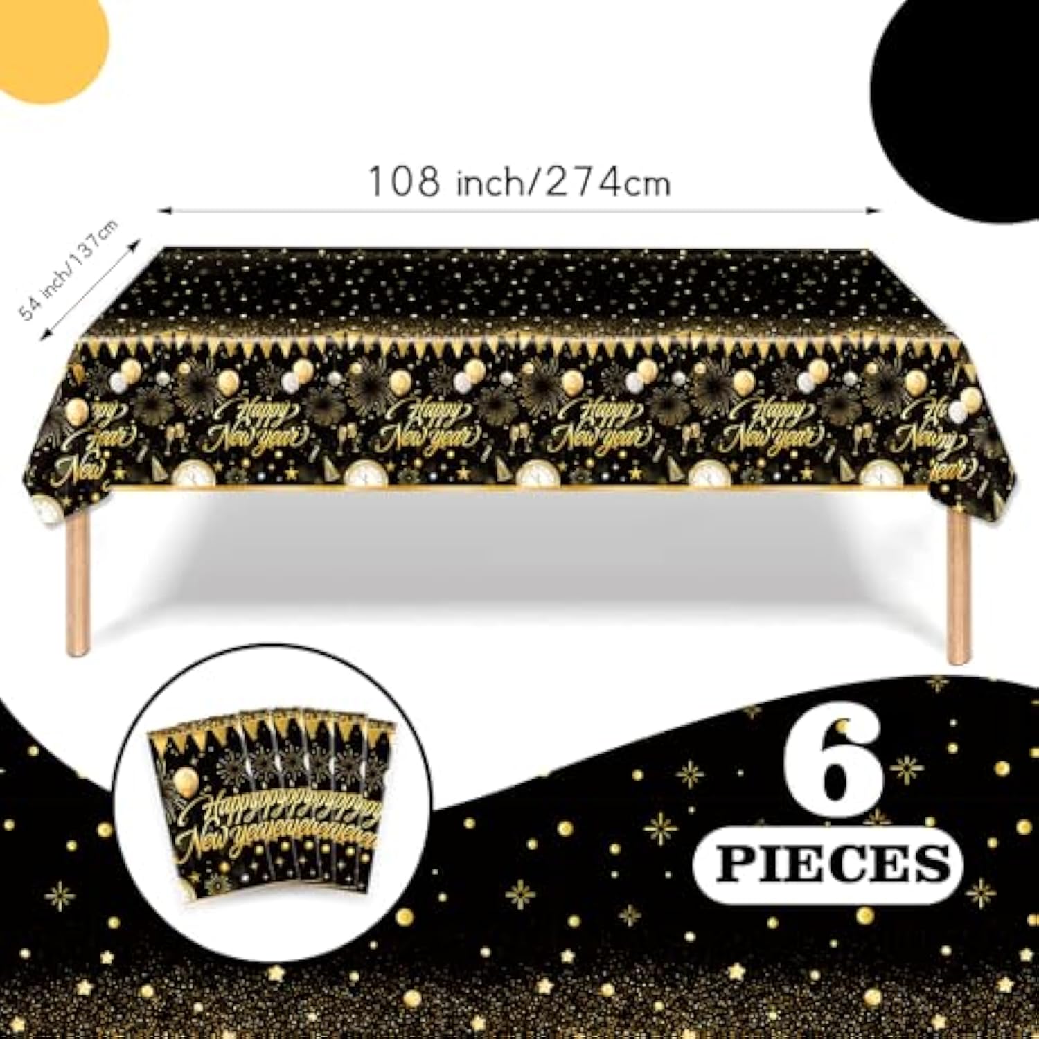 6Pcs Black Gold Happy New Year Tablecloth 108x54in Disposable Party Decor