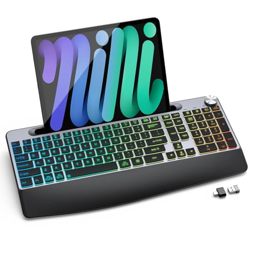 Ergonomic Backlit Wireless Keyboard With Wrist Rest-Low-Profile,Phone/Tablet Holder,Rechargeable With Light Up Keyboard,Cordless Quiet Computer Keyboard For Desktop,Laptop, Pc, Mac-Grey