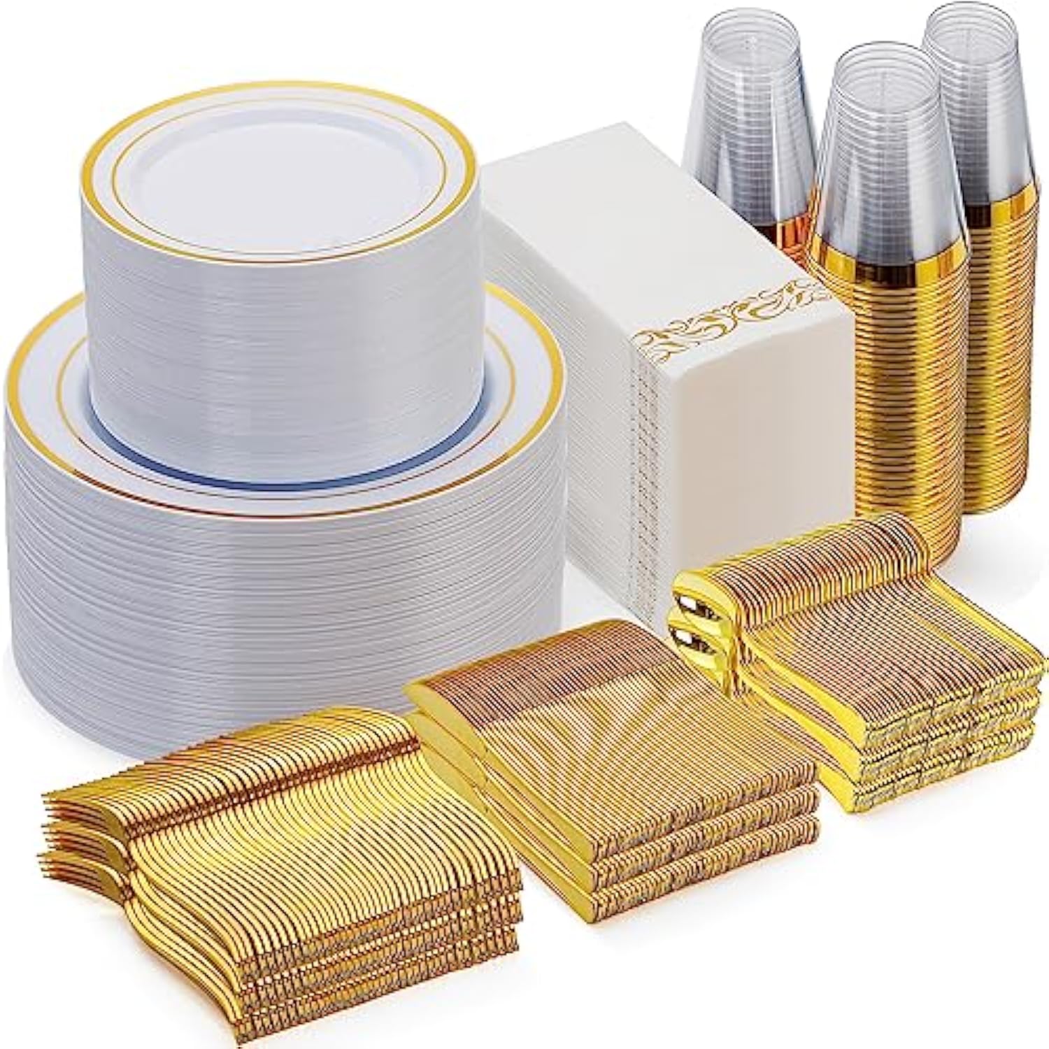 700 Piece Gold Dinnerware Set For 100 Guests, Disposable For Party, Include: 100 Gold Rim Dinner Plates, 100 Dessert Plates, 100 Paper Napkins, 100 Cups, 100 Plastic Silverware Set