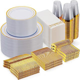 700 Piece Gold Dinnerware Set For 100 Guests, Disposable For Party, Include: 100 Gold Rim Dinner Plates, 100 Dessert Plates, 100 Paper Napkins, 100 Cups, 100 Plastic Silverware Set