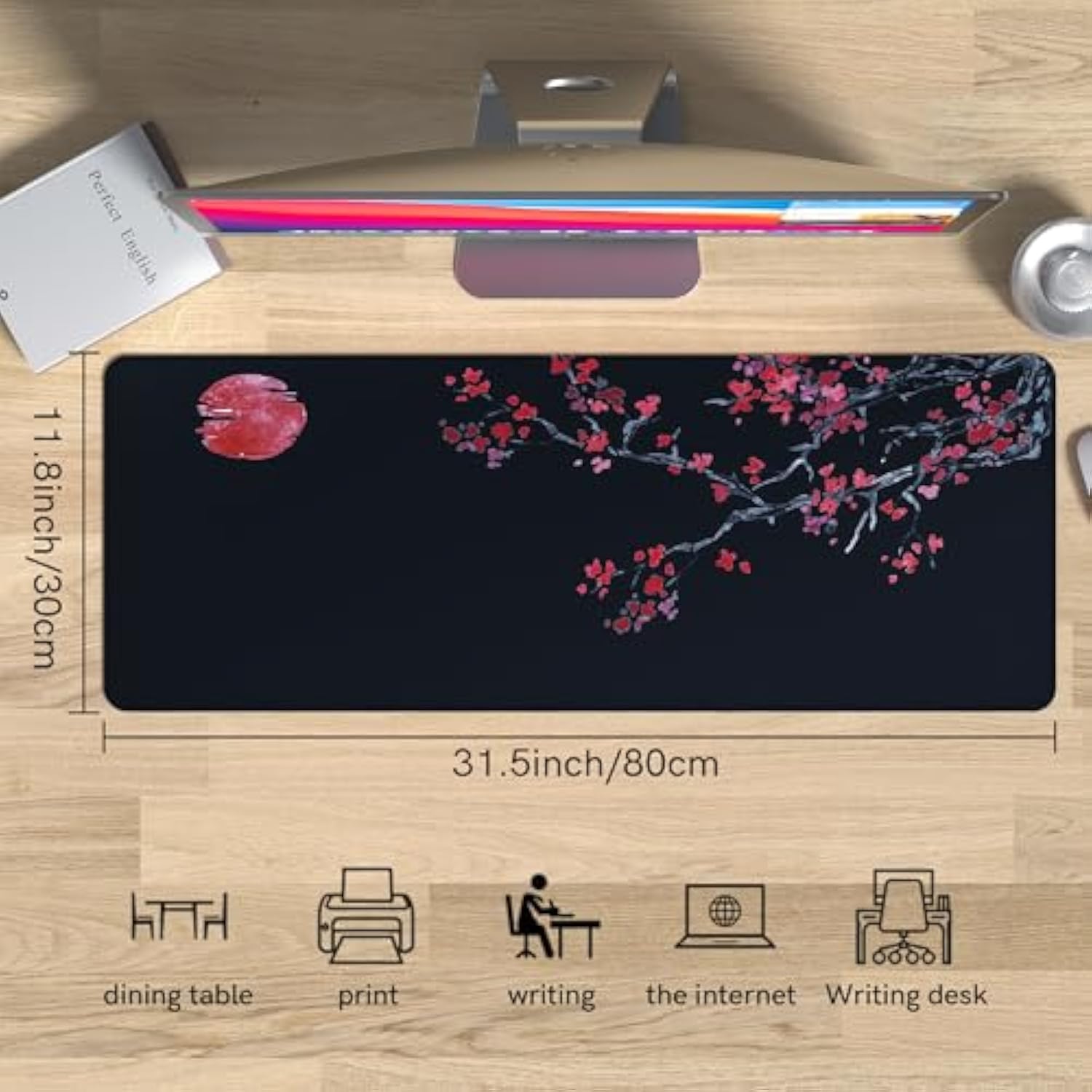 Large Gaming Mouse Pad, Big Desk Mat For Keyboard And Mouse, Full Desk Pad For Office Computer Laptop Pc, Long Mouse Mat For Desk, Black Cherry Blossom,Portable Aesthetic Non Slip Waterproof Pretty