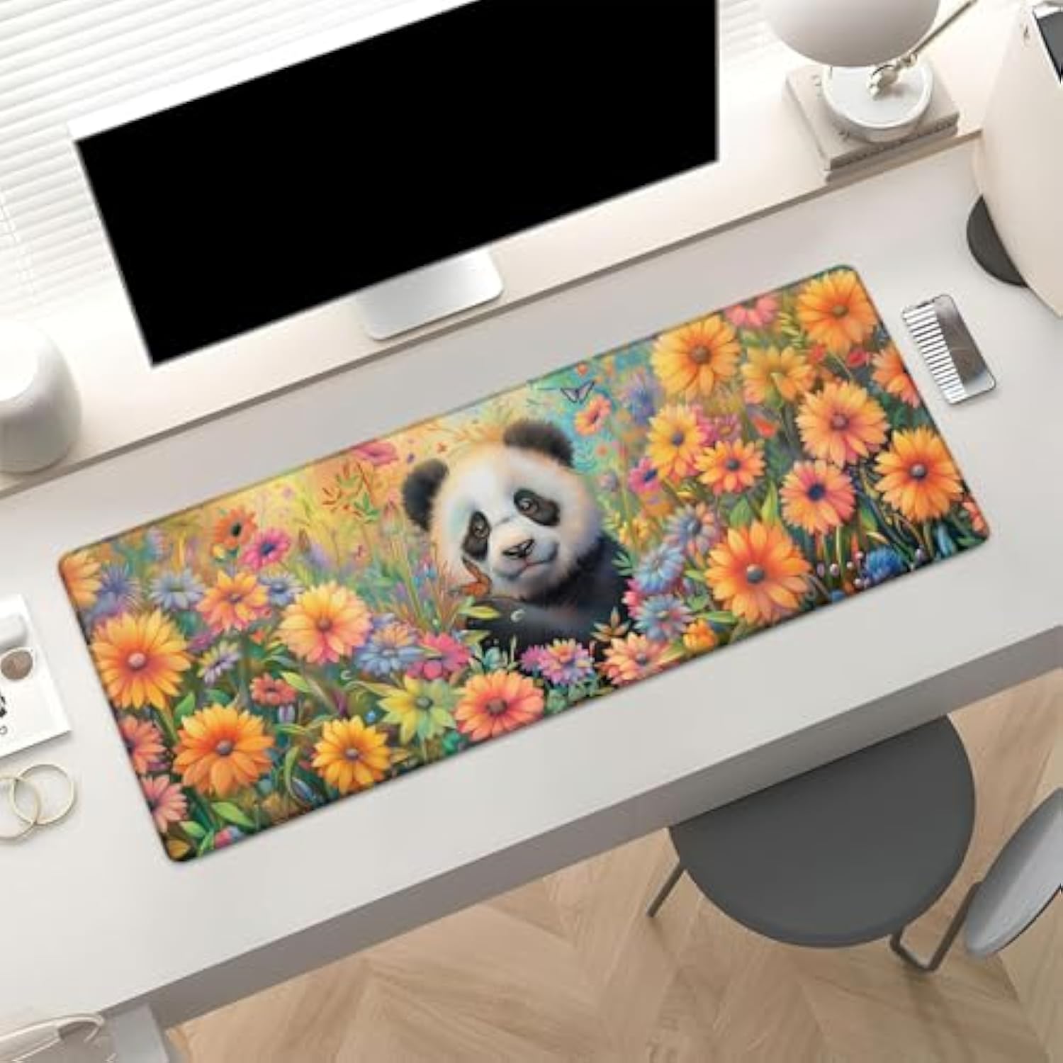 Cute Panda In Flower Field Gaming Mouse Pad, Colorful Floral Large Desk Mat For Computer, Extended Keyboard Laptop Mouse Pads 31.5×11.8In, Non Slip Rubber Mousepad For Office Decor