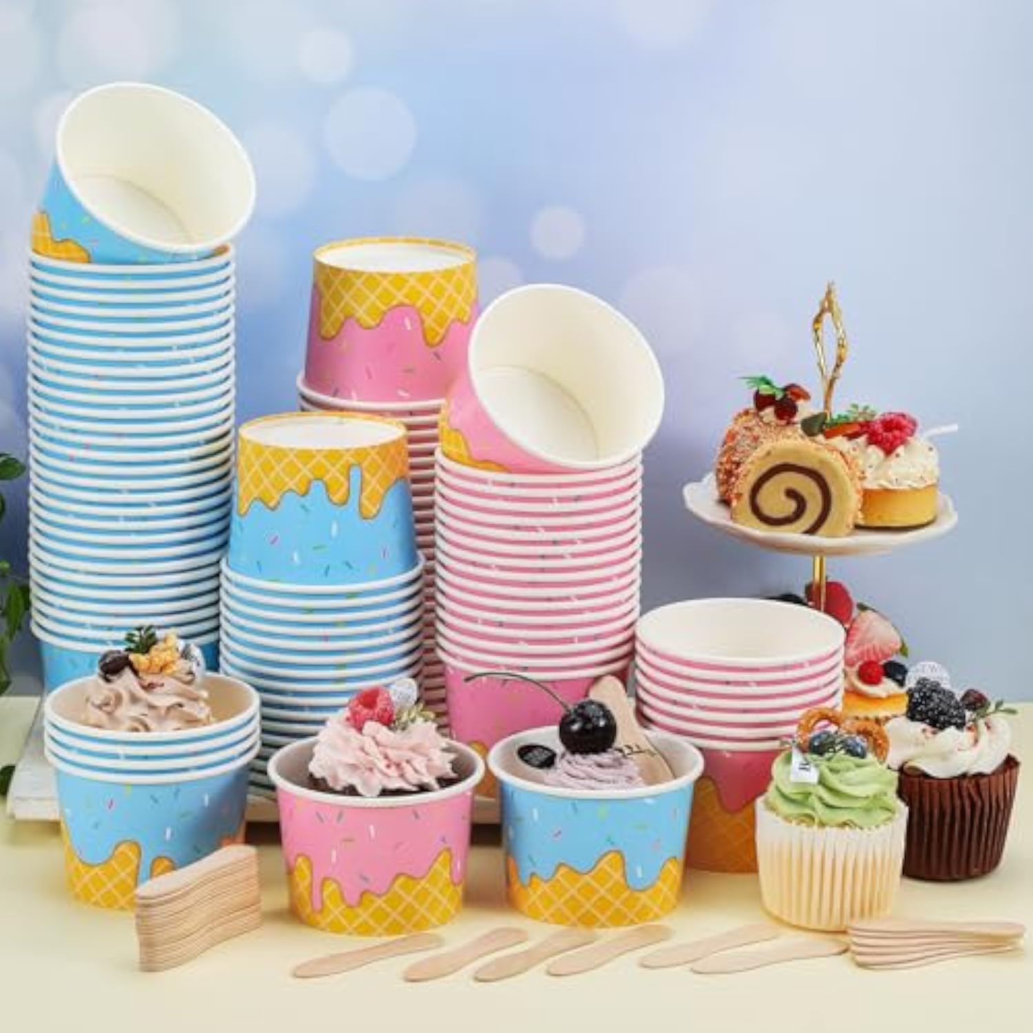 100 Pack Ice Cream Bowls Disposable 11 Oz Paper Dessert Cups With Wooden Spoons Sundae Soup Containers For Summer Ice Cream Party Supplies Favors