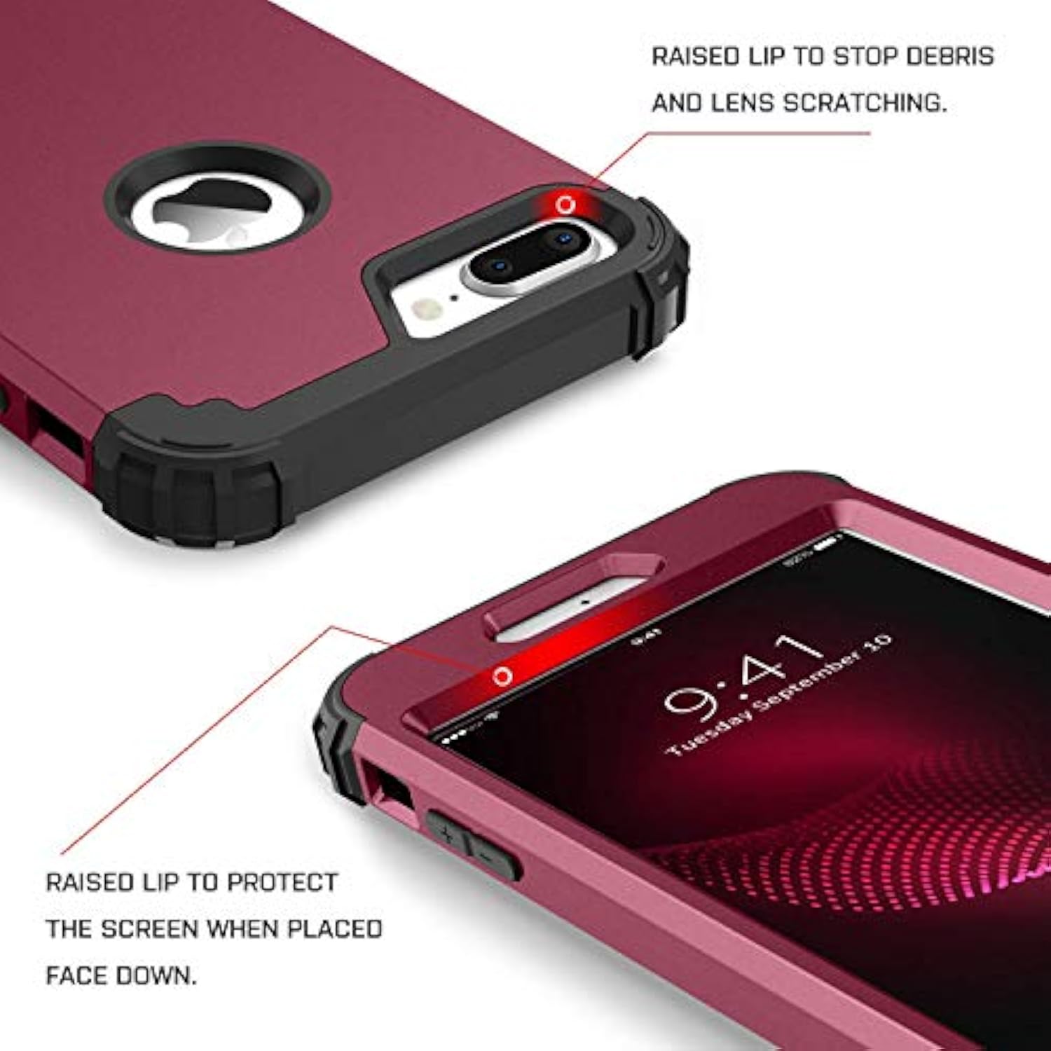 For Case For Iphone 8 Plus/Iphone 7 Plus, 3 Layer Hybrid Hard Pc Soft Rubber Heavy Duty Rugged Bumper Shockproof Anti Slip Full-Body Protective Phone Cover, Wine Red
