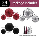 24Pcs Maroon Decorations Burgundy Black Silver Party Decor Tassel Garland Banner Paper Flower Fans Streamers Wall Hanging Backdrop Graduation Wedding Birthday Bridal Shower