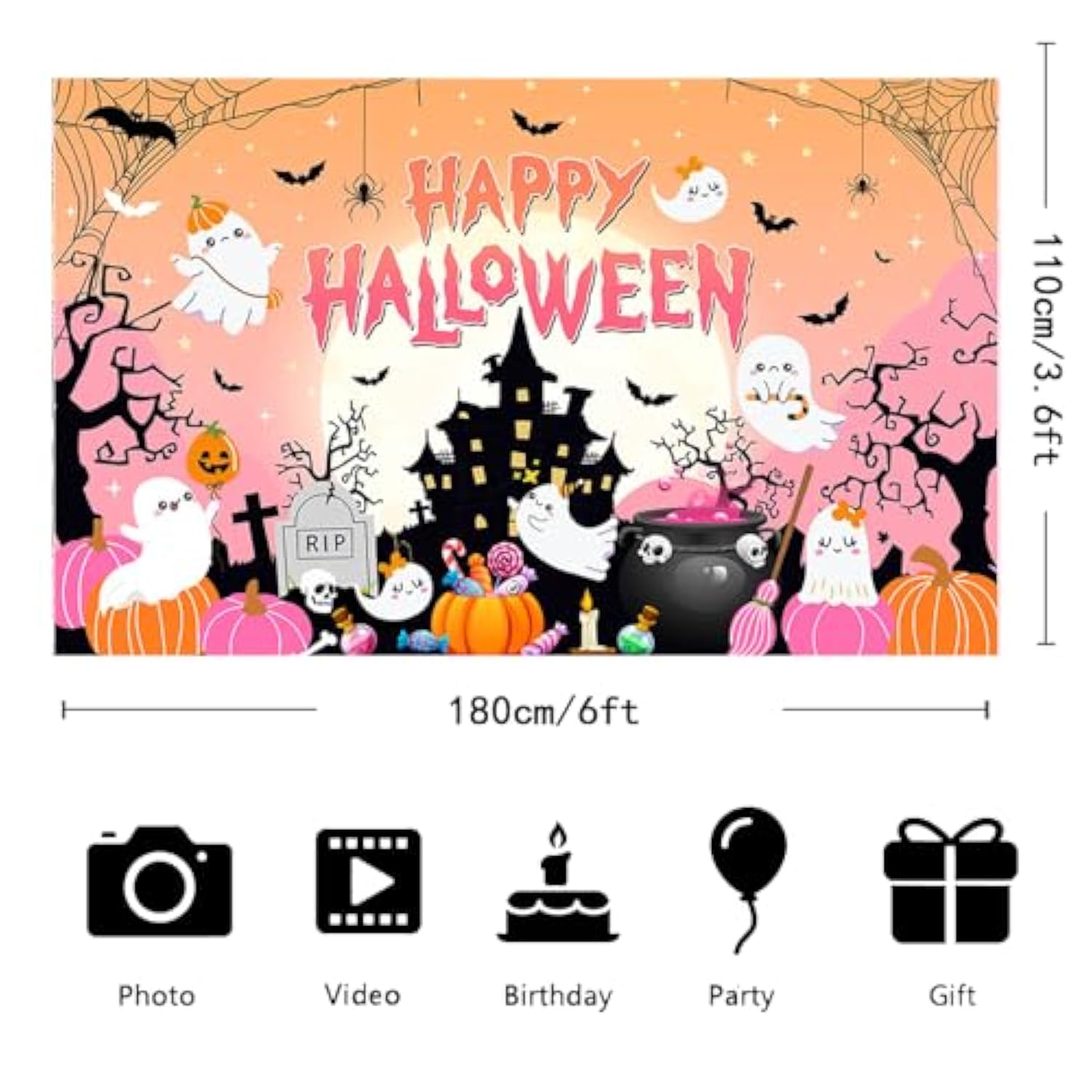 6x3.6ft Happy Halloween Backdrop Pink Ghost Pumpkin Spider Web Bat Photo Props