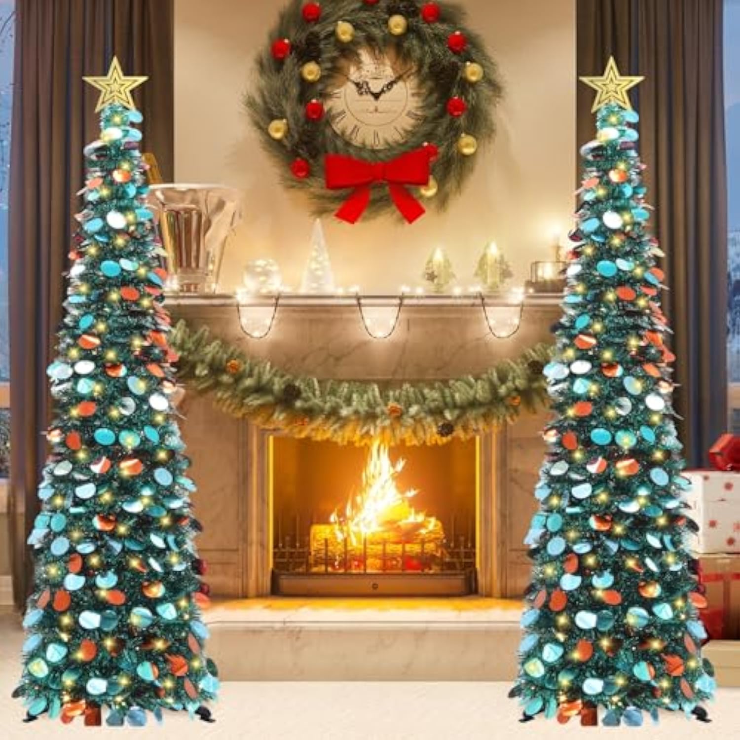 5 Ft Pop Up Christmas Tree With Timer Lights, Blue Christmas Tinsel Tree, Collapsible Artificial Pencil Christmas Tree For Indoor Home Apartment Porch Holiday Party Decorations