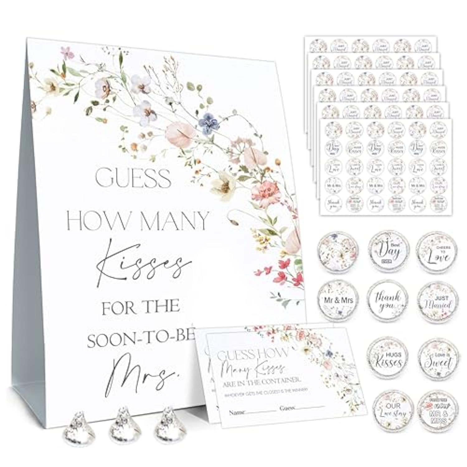 How Many Kisses Bridal Shower Games, How Many Kisses Standing Sign 50 Guessing Cards 180 Bridal Shower Kisses Stickers, How Many Kisses Flowers Bridal Shower Game Set For Bridal Shower And Weddings