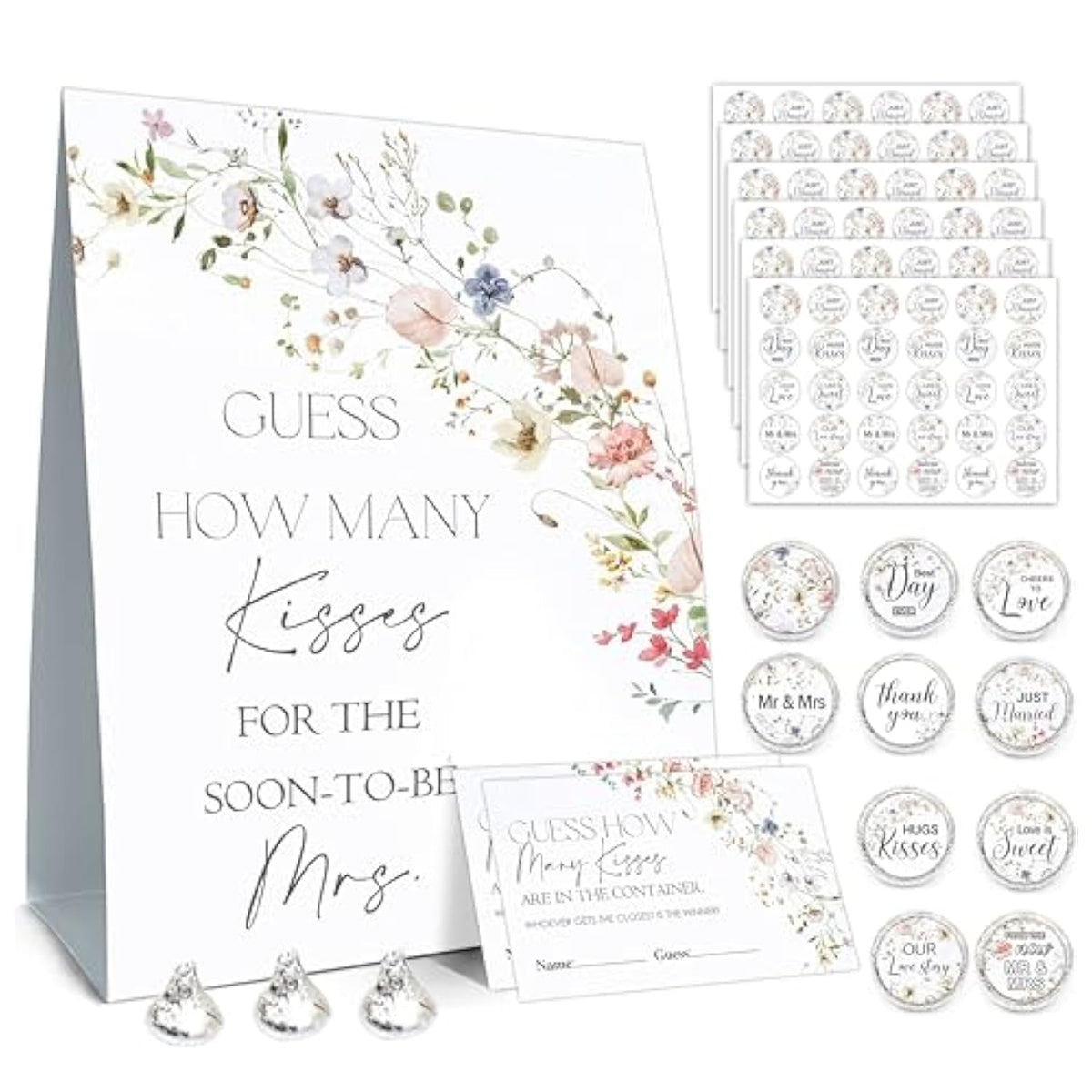 How Many Kisses Bridal Shower Games, How Many Kisses Standing Sign 50 Guessing Cards 180 Bridal Shower Kisses Stickers, How Many Kisses Flowers Bridal Shower Game Set For Bridal Shower And Weddings