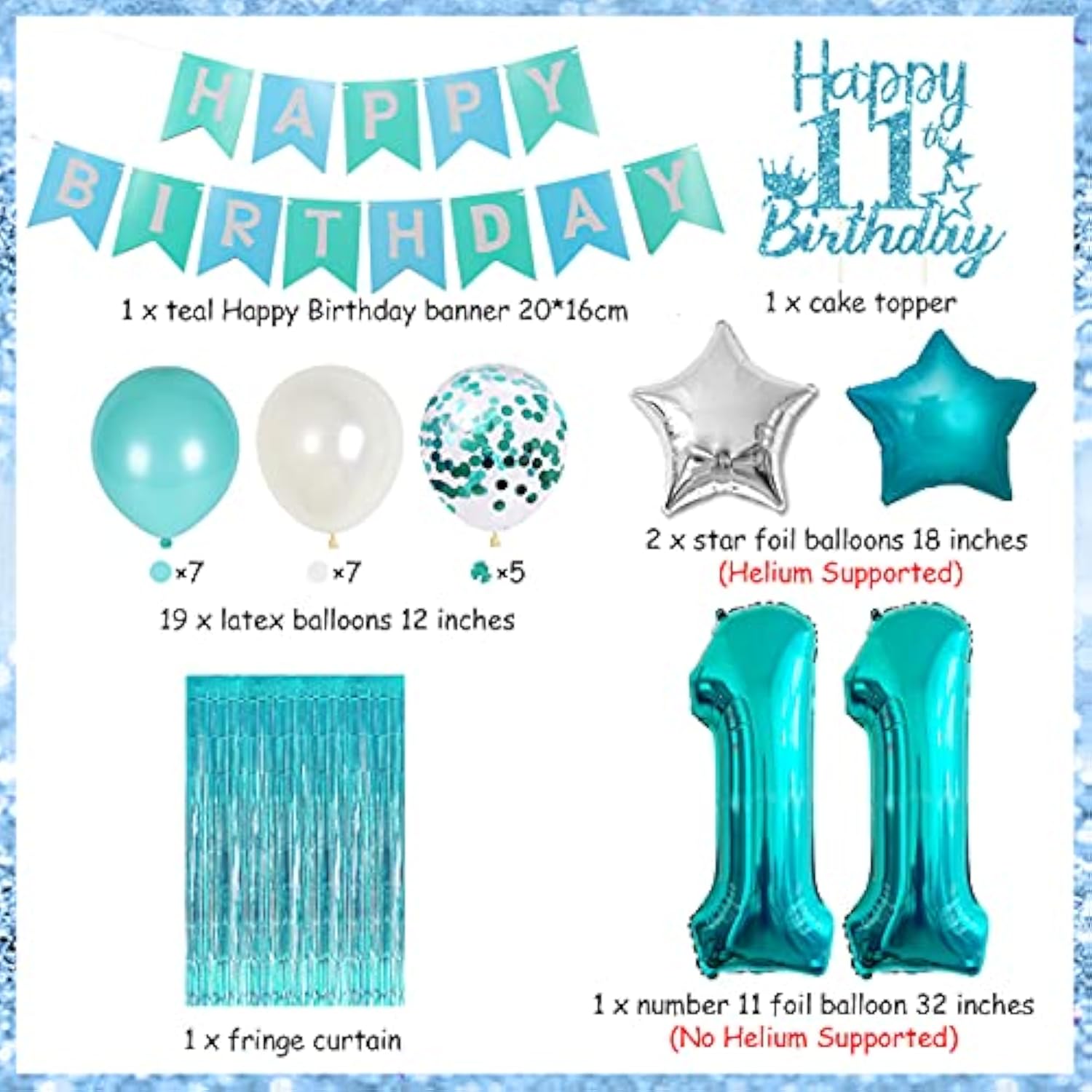 Teal 11th Birthday Decor Set Banner, Foil Balloons & Cake Topper