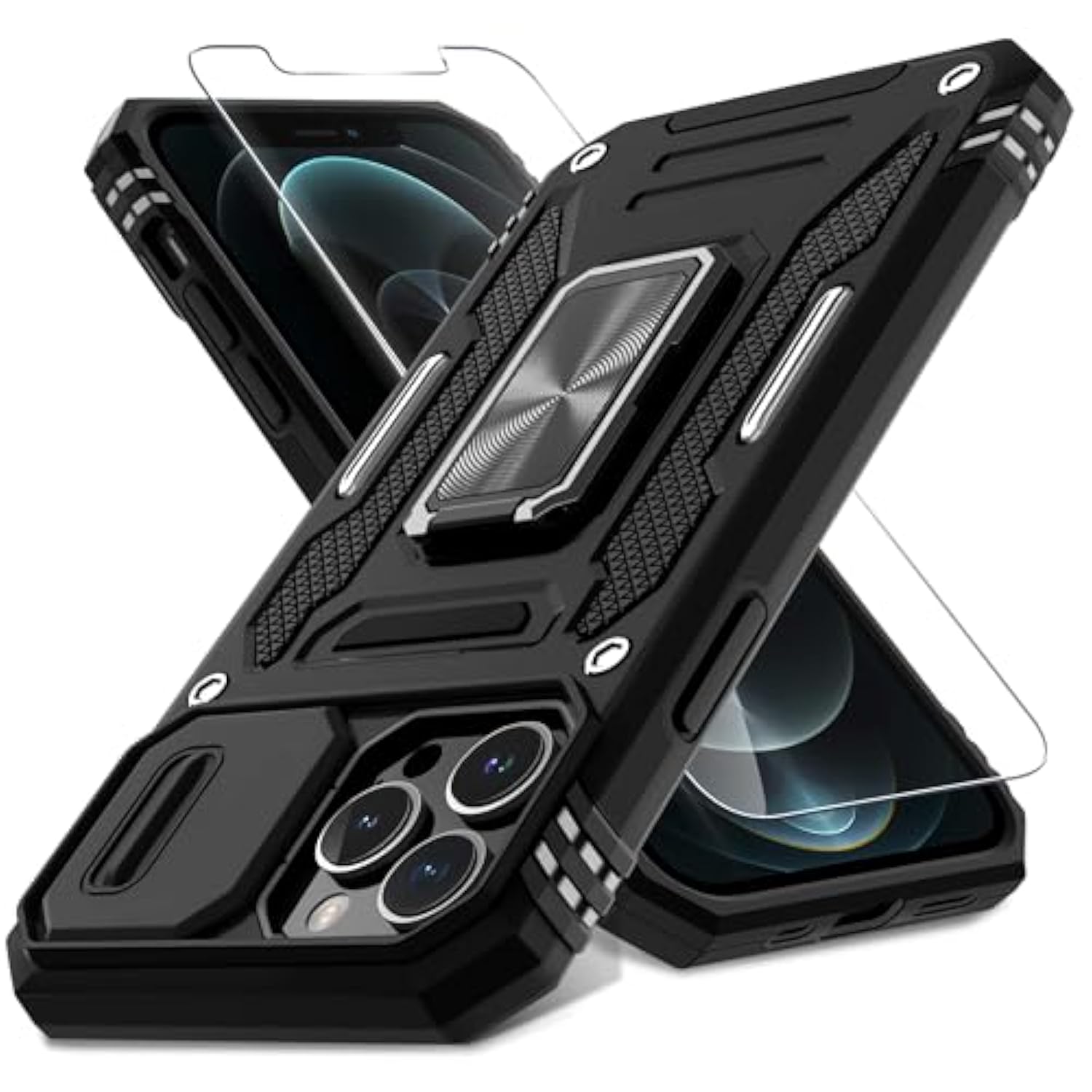iPhone 13 Pro Max Case with Slide Camera Cover Ring Kickstand Black