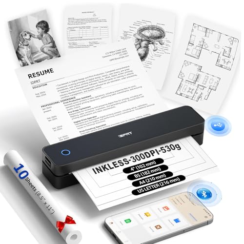 Inkless Portable Printer For Travel, 300Dpi Wireless Thermal Printer Support 8.5" X 11" Us Letter, A4, Mt610Pro Small Bluetooth Printers Compatible With Ios, Android Laptop For Home Office Car, Black