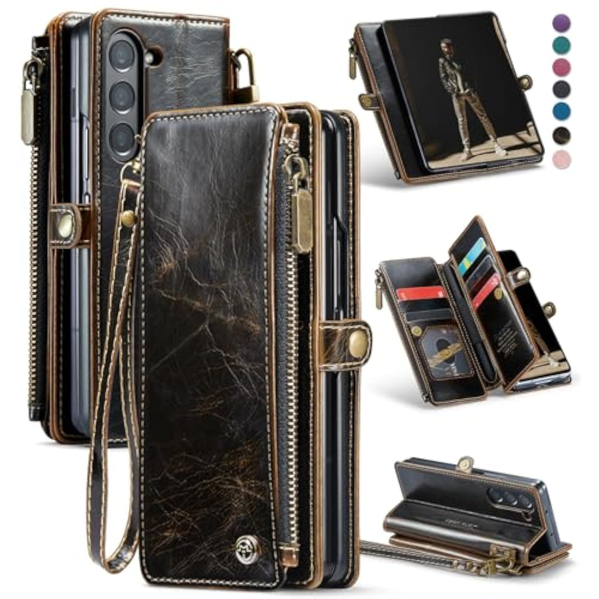 Wallet Case Compatible With Samsung Galaxy Z Fold 5 With Rfid Blocking Card Holder & S Pen Holder Slot Pu Leather Magnetic Snap Flip Zipper Strap Phone Case Fit For Galaxy Z Fold 5, Coffee