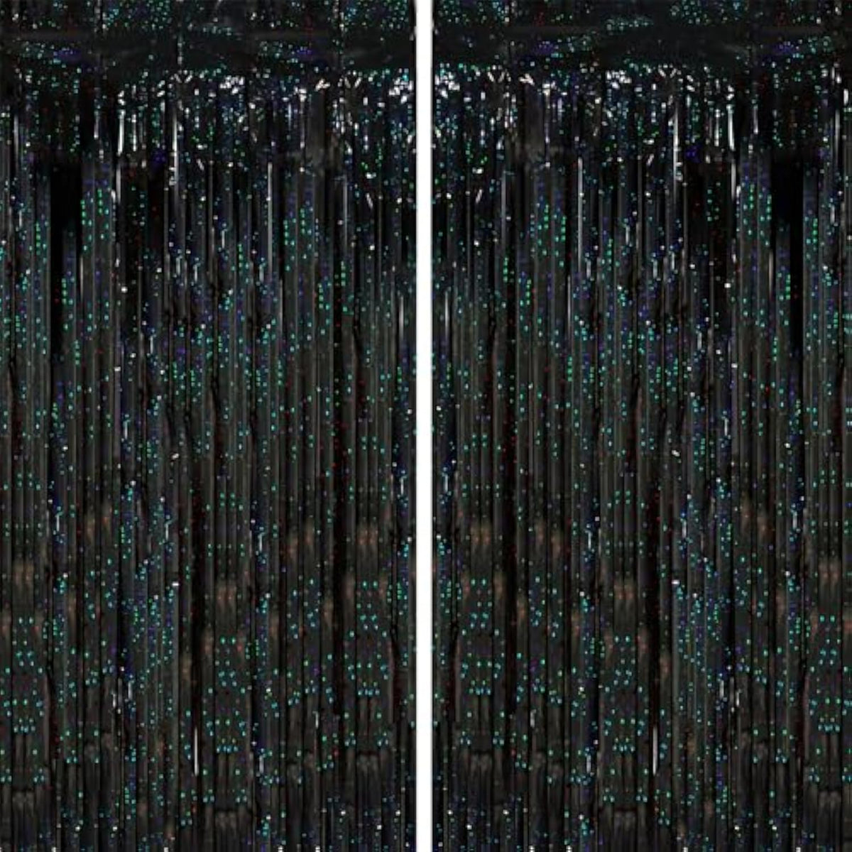 2 Pack Laser Black Tinsel Foil Fringe Curtains, Black Party Decorations, Metallic Tinsel Party Streamers Backdrop For Birthday Halloween Masquerade New Years Gatsby 1920S Party Decorations
