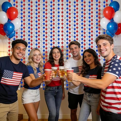 Patriotic Decorations Backdrop,2 Pack Red White and Blue Party Photo Backdrop Patriotic Tinsel Foil Fringe Curtains,Red White and Blue Streamers Tinsel Backdrop Decor,Veterans Day Decorations