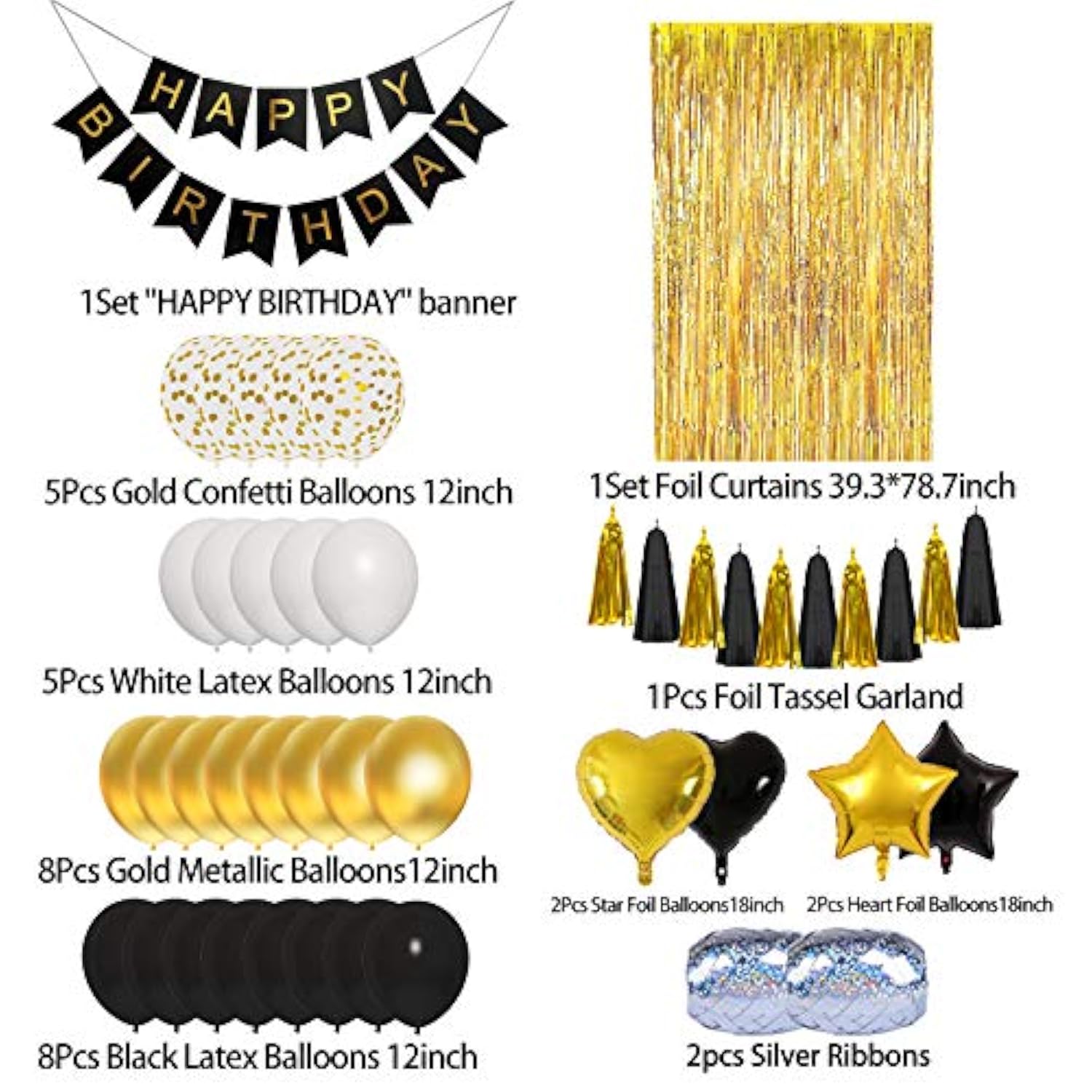 Birthday Decorations For Men Women Black And Gold Balloons Party Decorations Happy Birthday Banner Tassels Metallic Fringe Curtains 30Th 40Th 50Th 70Th Birthday Graduation Decorations Supplies