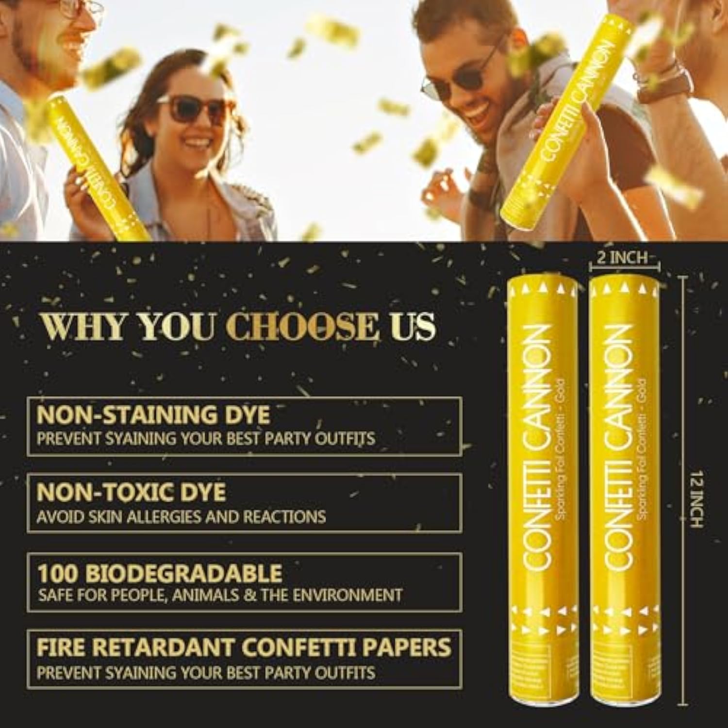 Confetti Cannon 6 Pack Gold Party Poppers 12 Inch Streamer Cannon Confetti Golden Poppers Confetti Shooters Bulk For Wedding,Birthday,Graduation,Christmas,New Year Celebration