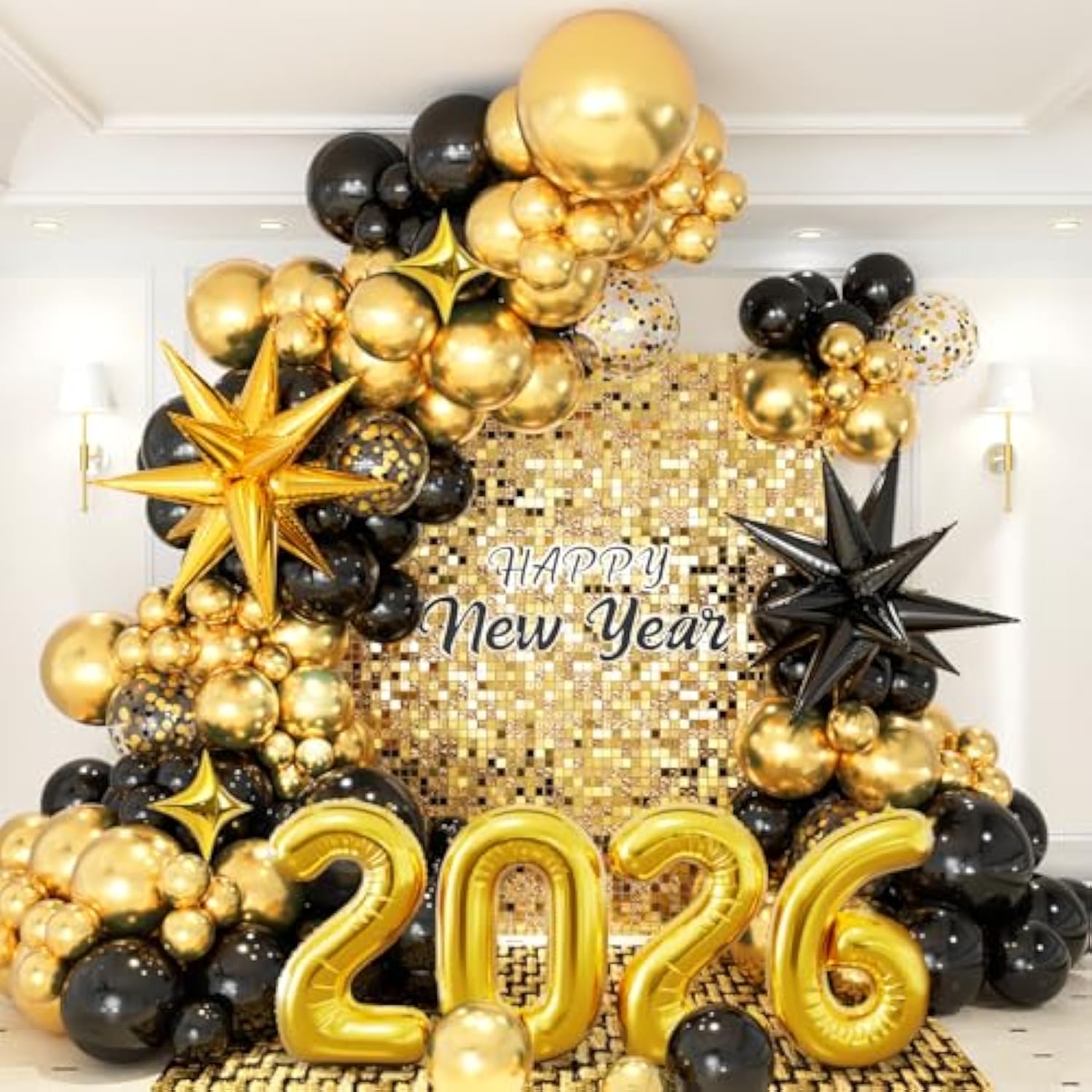2026 New Year Balloon Garland Arch Kit Black Gold Star and Number Balloons