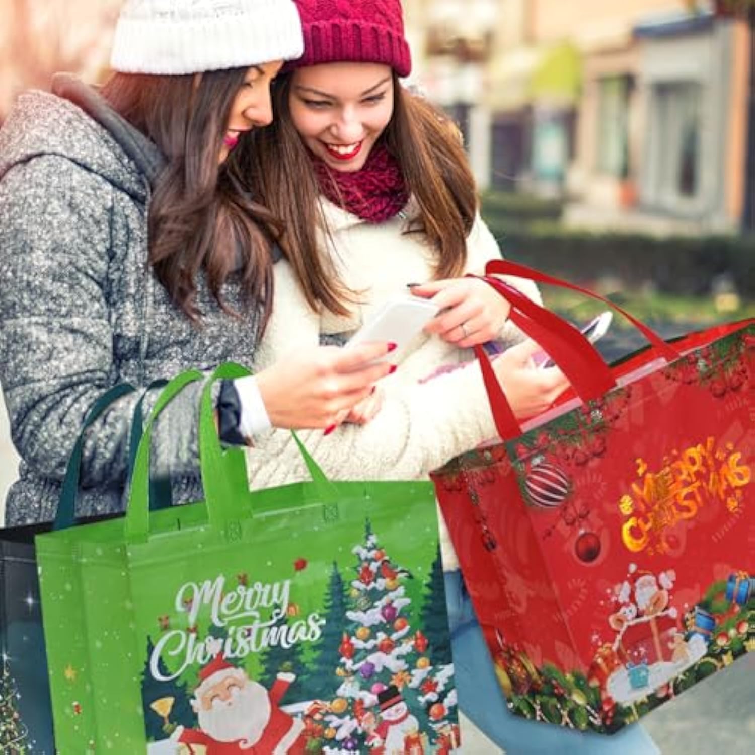 12Pcs Extra Large Christmas Gift Bags, 15.7'' X 14.2''X 5.9'', Christmas Tote Bags With Handles, Reusable Non-Woven Shopping Bag For New Year, Xmas'S Party Supplies Decorations