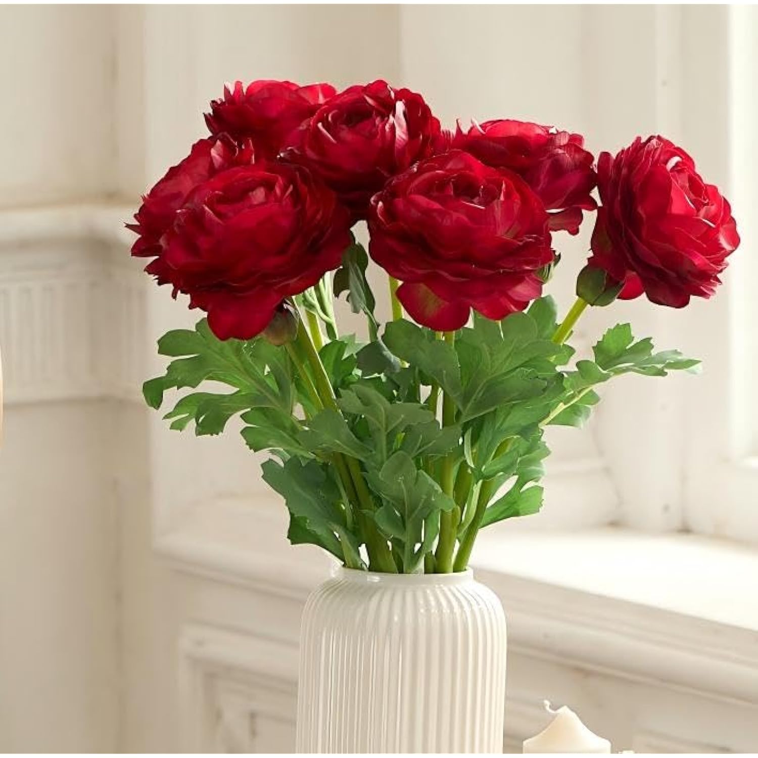 Artificial Ranunculus Flowers, Large Real Touch Ranunculus, Faux Silk Peony Arrangement For Home Office Wedding Vase Filler Shop Decoration (7 Pcs, Burgundy)