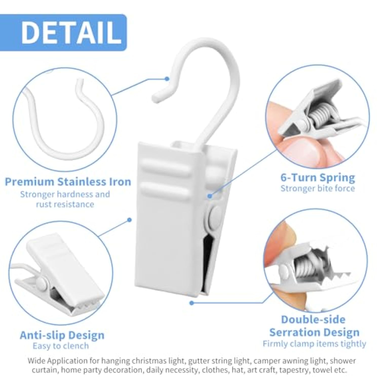 Curtain Clips Hooks, 100 Pack Stainless Iron Drapery Hooks Clips For Hanging Party String Lights Christmas Courtyards Decoration, Art Craft Display, Gutter Tent Camper Awning Hangers, White