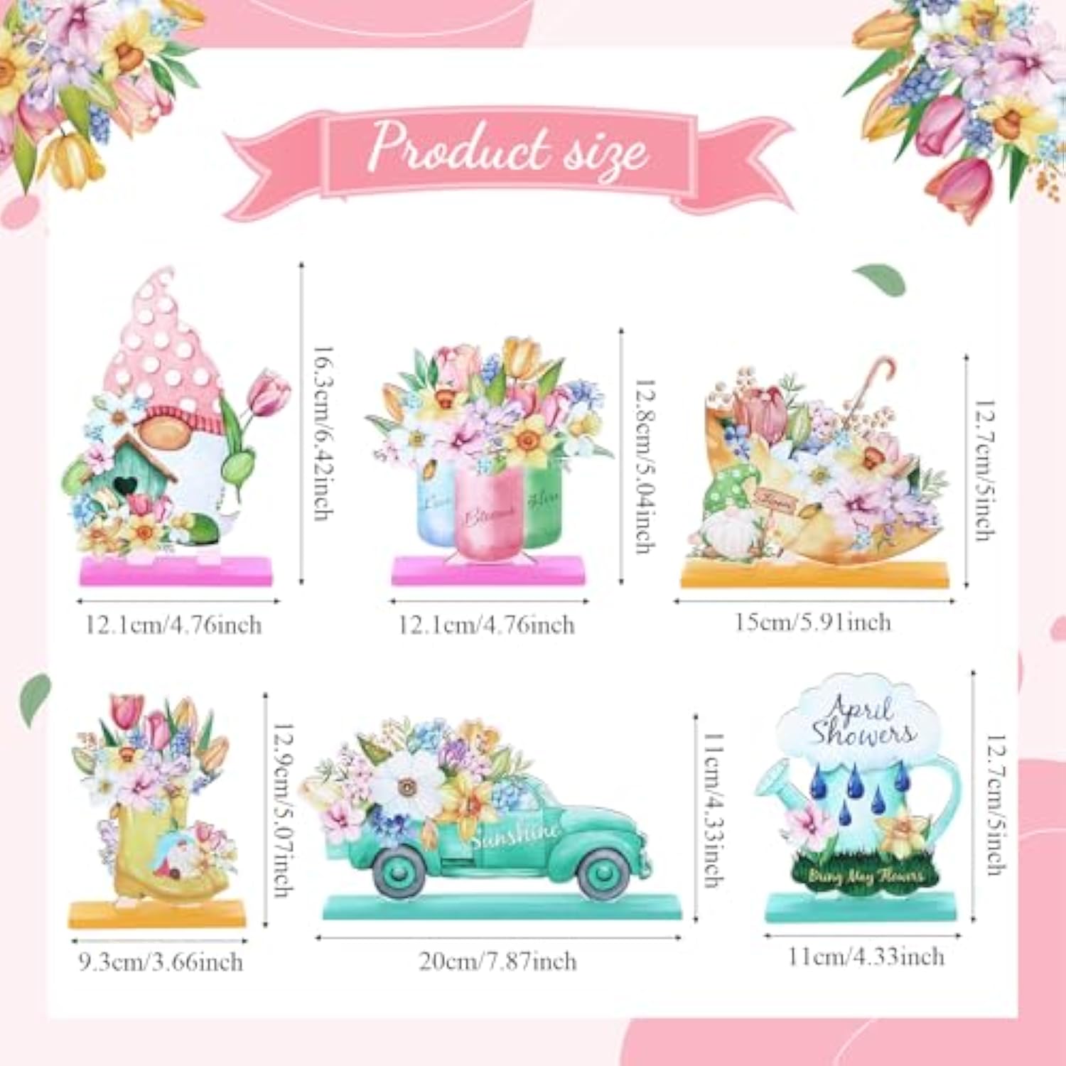 6 Pieces Spring Wooden Table Centerpiece Decoration Flower Gnome Table Signs Farmhouse Spring Wood Tabletop Decor For Easter Party Holidays Home Decor