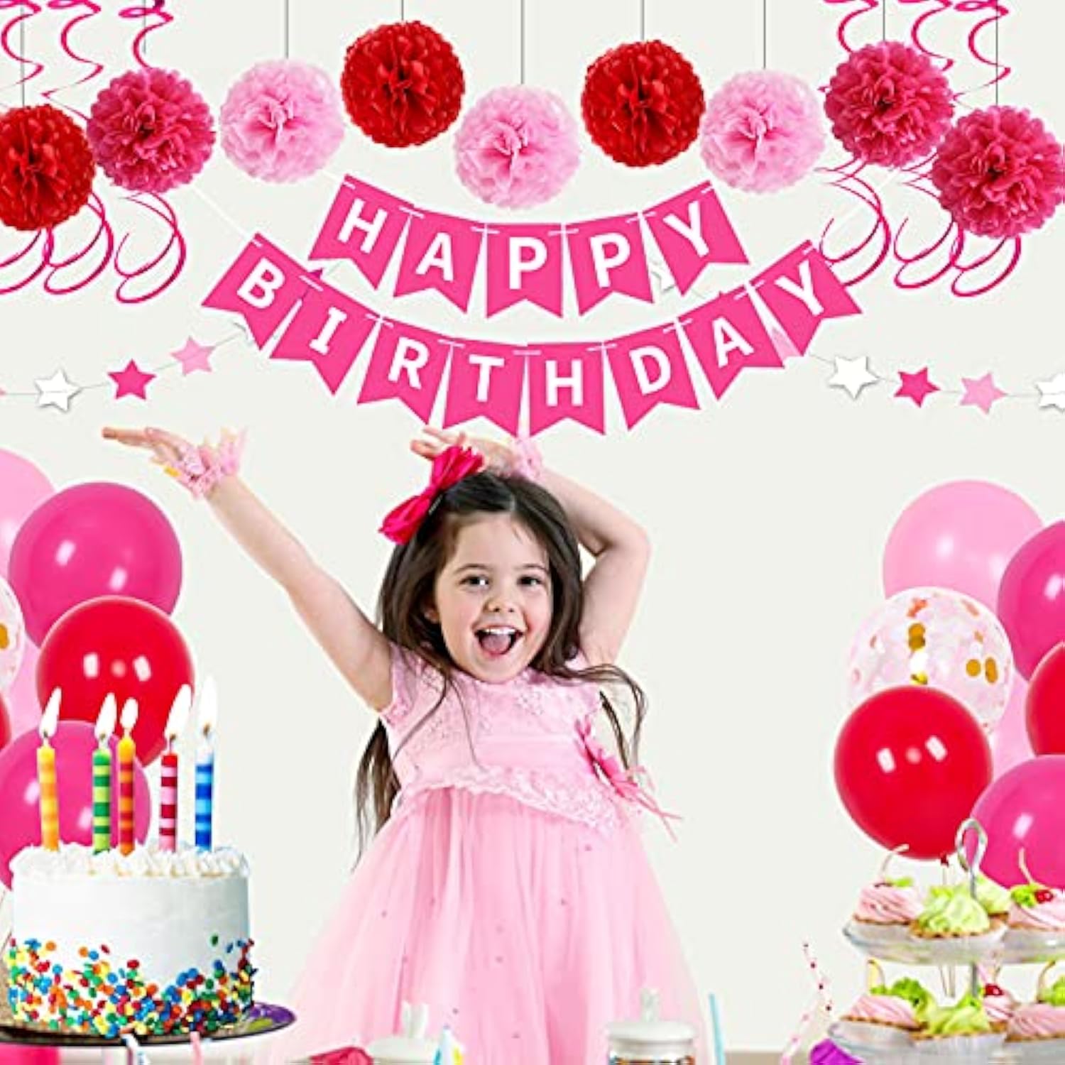 37pcs Hot Pink Birthday Kit with Banner, Balloons for Women & Girls' Celebrations