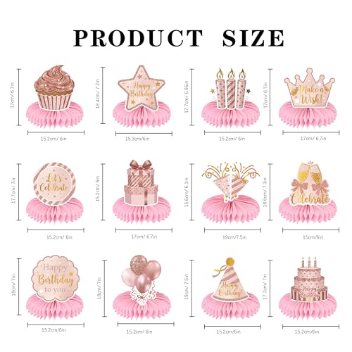 12 Pcs Rose Gold Happy Birthday Honeycomb Centerpieces for Tables Pink 3D Table Decorations Women Girls Party Supplies Cardstock Signs