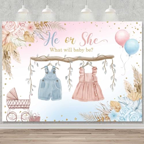 Boho Gender Reveal Backdrop Baby Shower He or She Banner Blue and Pink Cute Clothes Baby Gender Reveal Background Party Decorations Supplies Cake Table Banner 82.7x59.1 inch