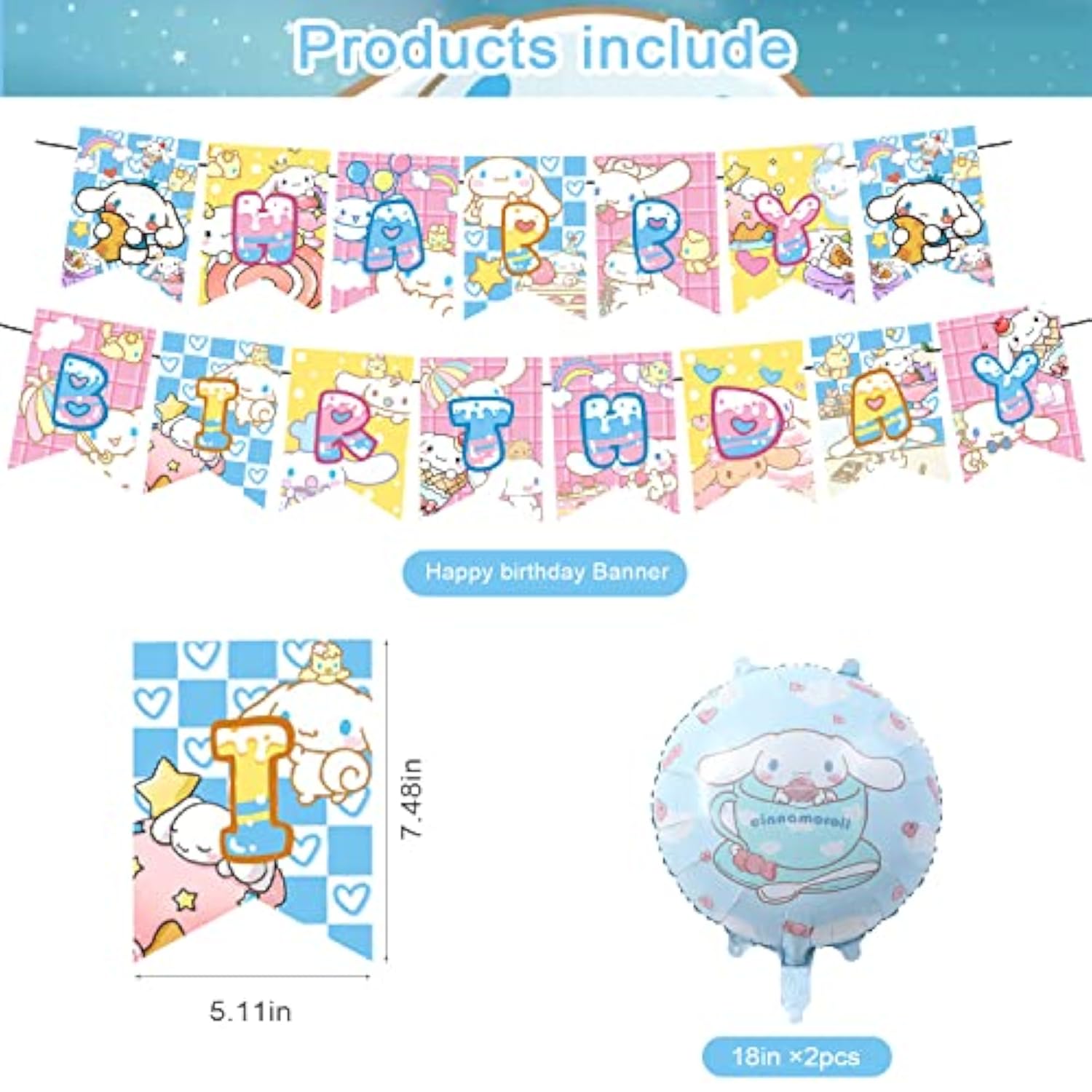 Cartoon Dog Party Set - Kawaii Banner, Cake Topper, Balloons for Kids Birthday