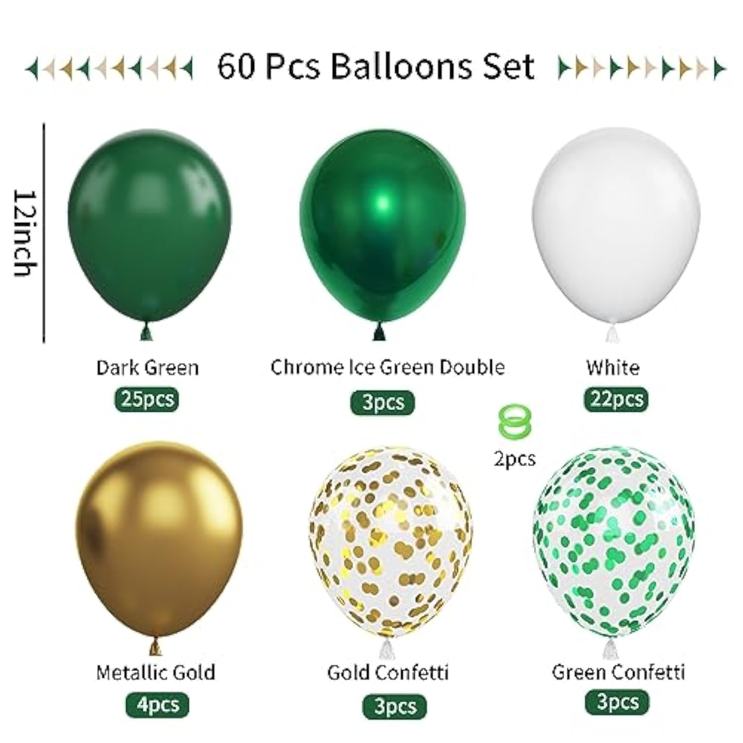 60pcs Green & Gold Balloons, 12" Confetti  Metallic Latex for Party Decor