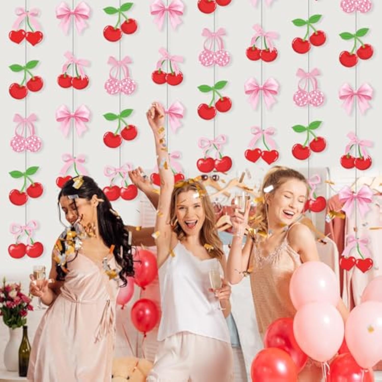 Cherry Party Decorations Pink Bow Hanging Banners Garland Cherry On Top Baby Shower Decorations Cutouts Ribbon Streamers For Berry Birthday Bridal Engagement Bachelorette Wedding Party Decor