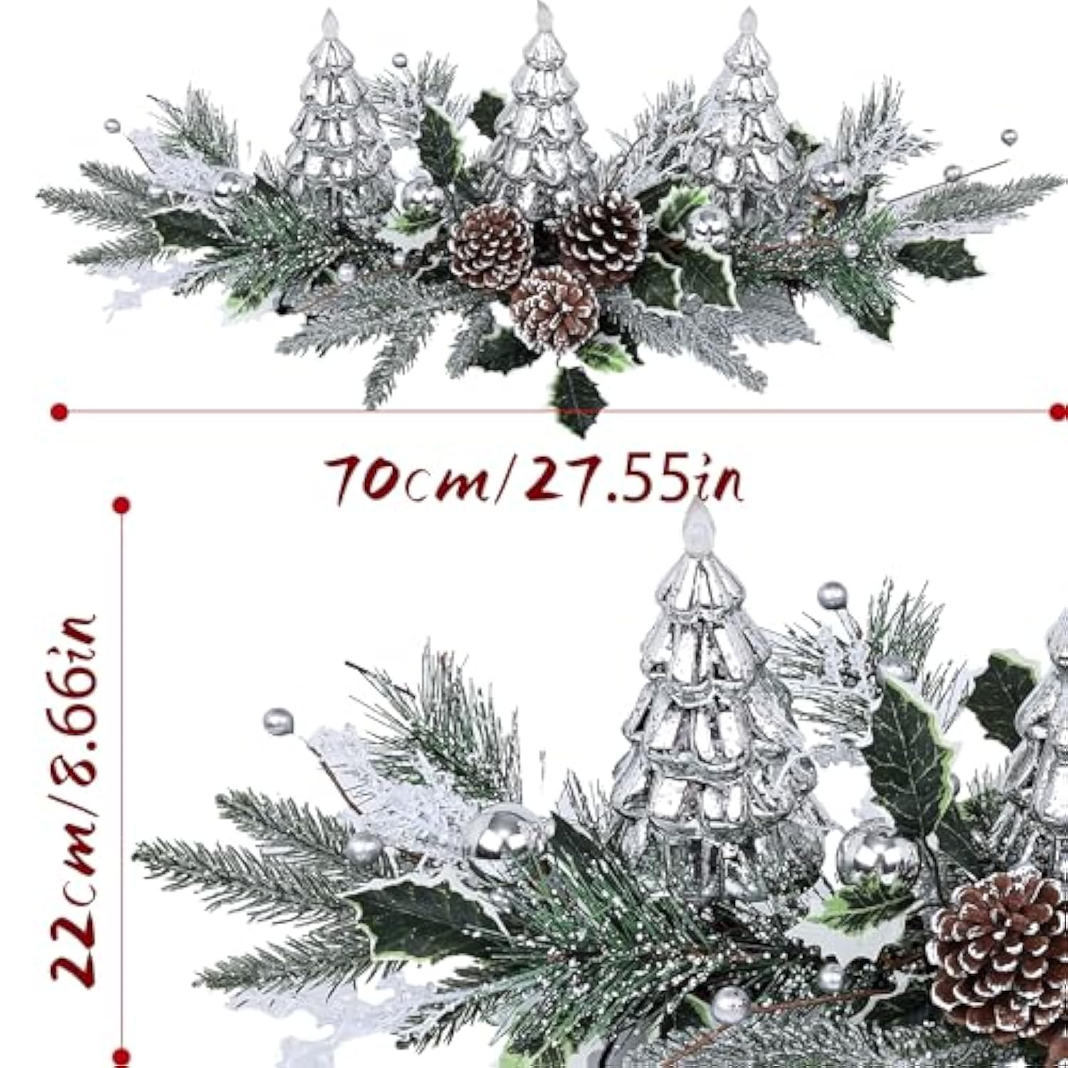 Christmas Table Centerpiece With Led Lights, Christmas Decoration With 3Pcs Silver Christmas Tree, Natural Pine Cones, Christmas Balls For Holiday Party, Home, Fireplace