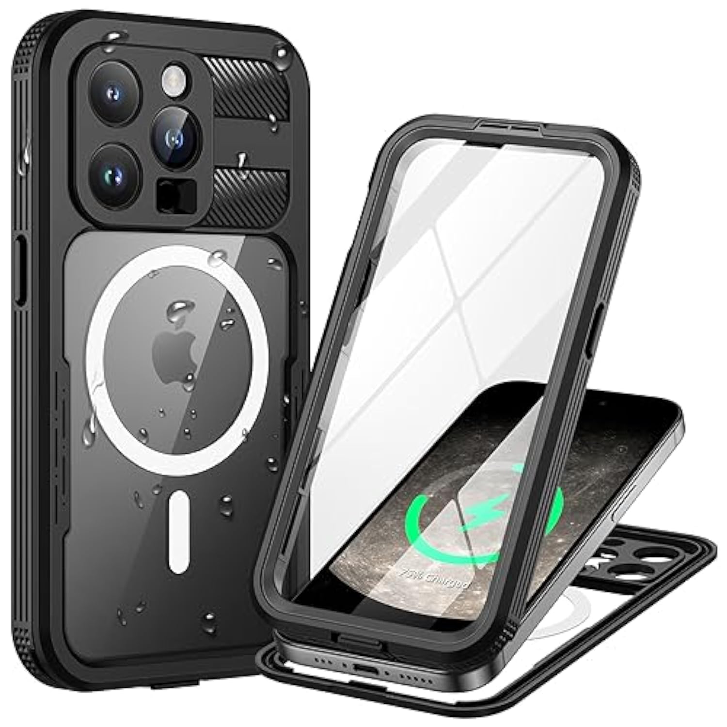 Magnetic For Iphone 15 Pro Max Case, Ip68 Waterproof Dustproof Case, [Compatible With Magsafe] [Built-In Screen Protector] Full Body Heavy Duty Rugged Phone Cover 6.7 Inch, Black/Clear