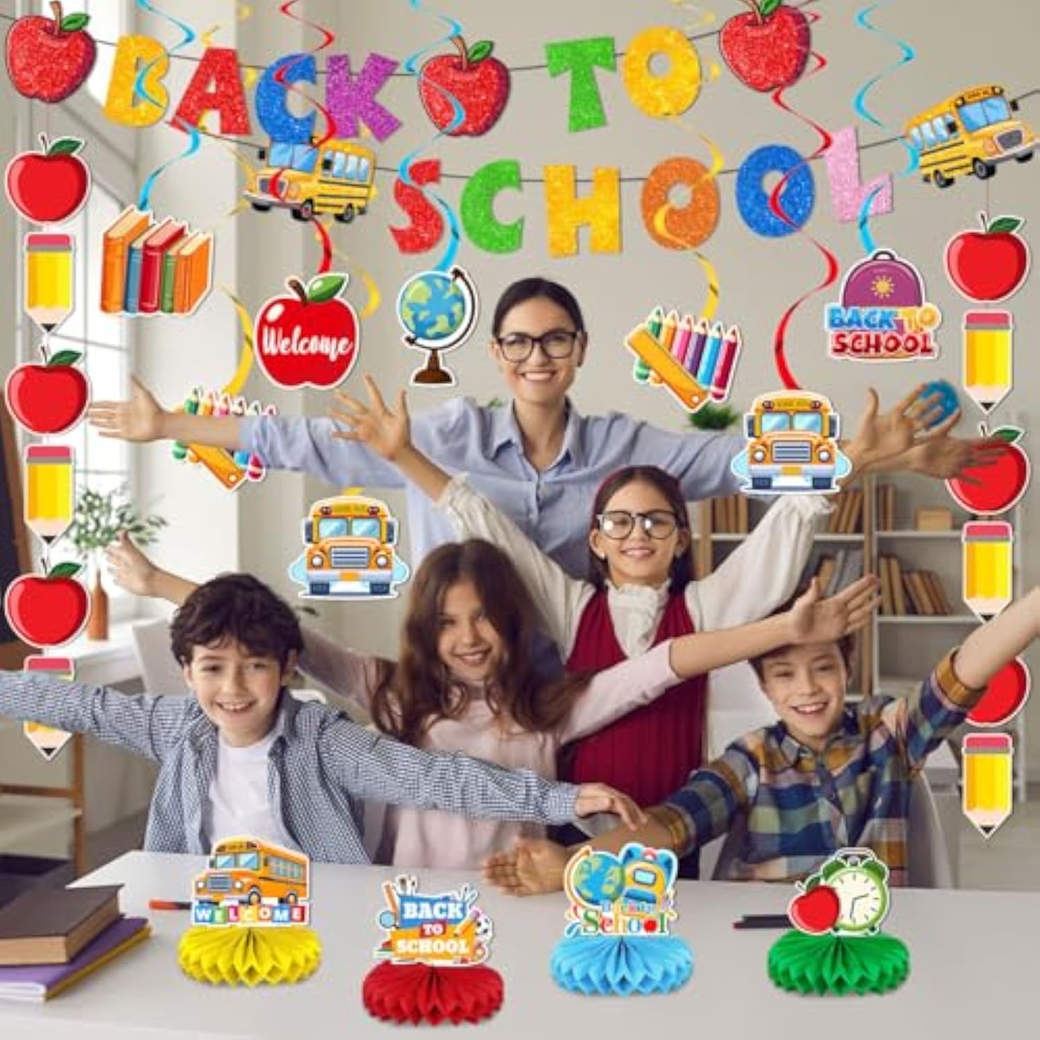 Back To School Decorations Welcome Back To School Banner School Bus Table Centerpieces Apple Pencil Hanging Swirl For Classroom Office Home First Day Of School Party Supplies