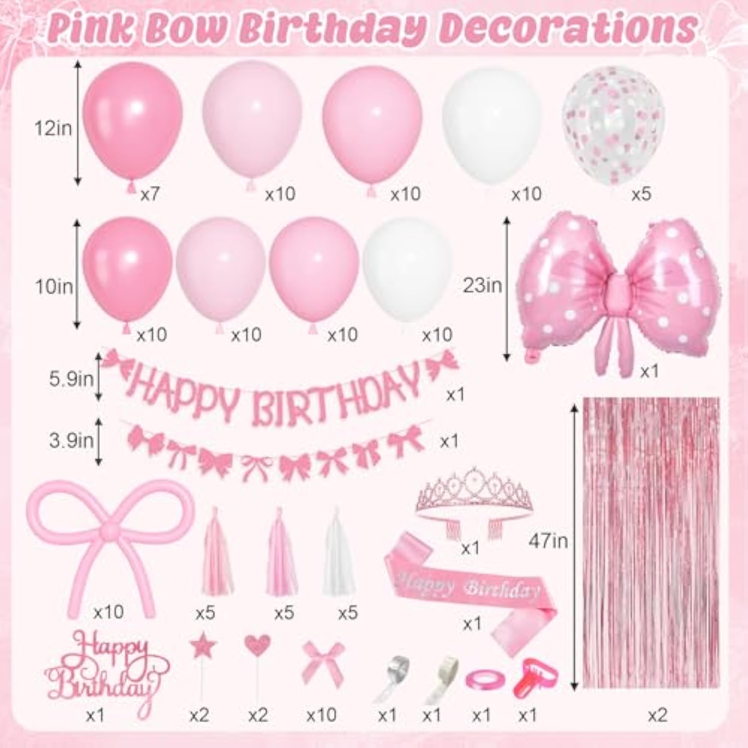Pink Bow Birthday Decorations, Coquette Themed Party Supplies With Light Pearl Pink White Confetti Long Balloons Happy Birthday Banner Paper Tassel Cake Toppers For Women Girls Baby Shower