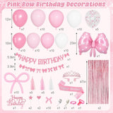 Pink Bow Birthday Decorations, Coquette Themed Party Supplies With Light Pearl Pink White Confetti Long Balloons Happy Birthday Banner Paper Tassel Cake Toppers For Women Girls Baby Shower