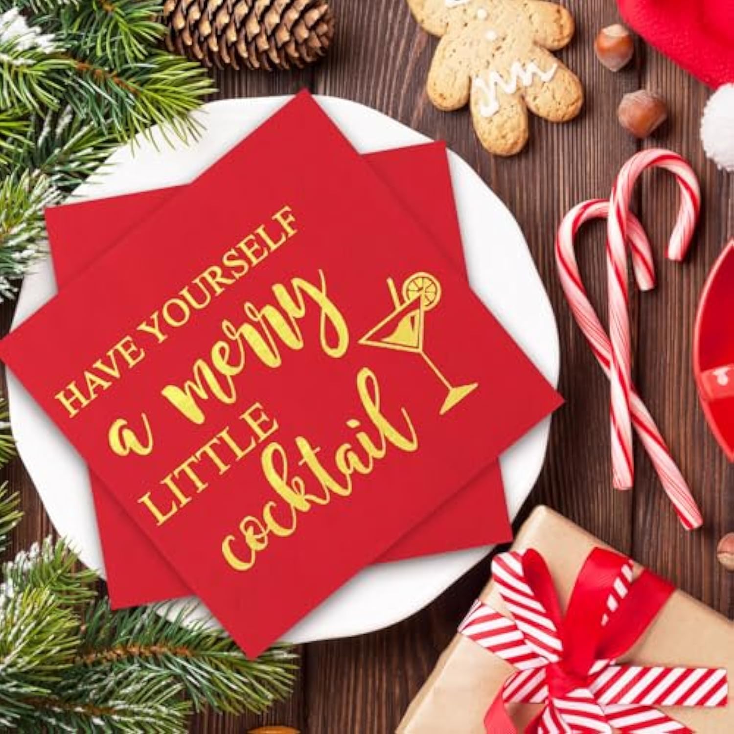 50Pcs Christmas Cocktail Napkin Red Gold Foil Disposable Paper Napkin Have Yourself A Merry Little Cocktail Beverage Napkin For Xmas Winter Party Supplies