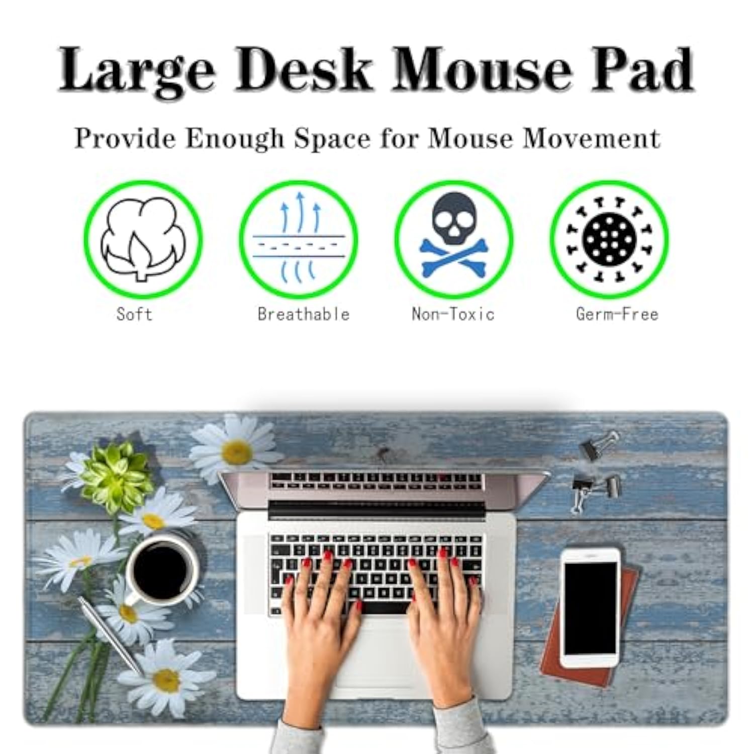 Computer Desk Mat Mouse Pad, Big Non-Slip Rubber Base Mousepad For Pc, Work, Game, Office, Home - 35.4 X 15.7 Inch - Daisy Flowers On Old Wooden