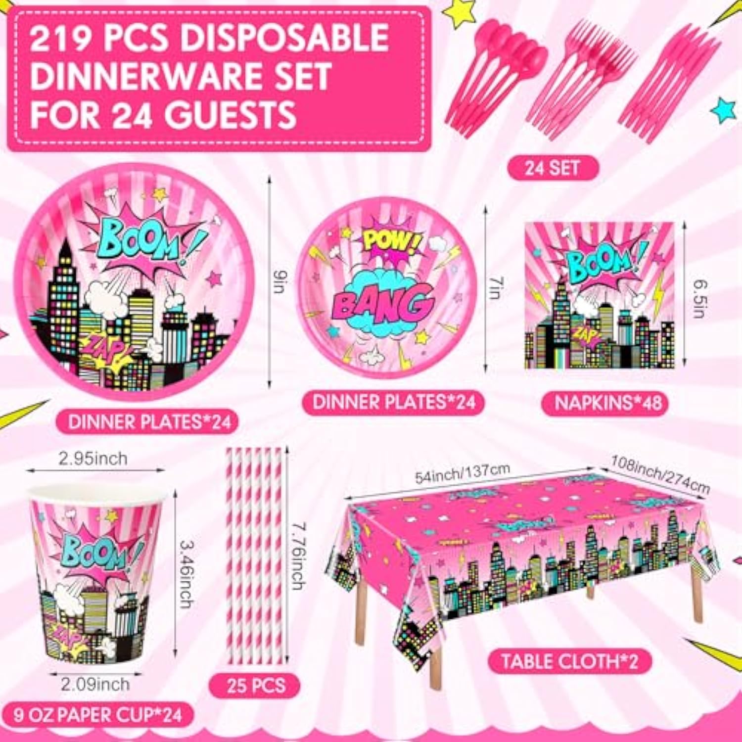 219 Pcs Pink Hero Birthday Party Decorations Girl Pink Comic Hero Plates Napkins Cups Tablecloth Cutlery Straw Disposable Tableware Set For Birthday Baby Shower Party Supplies, Serves 24